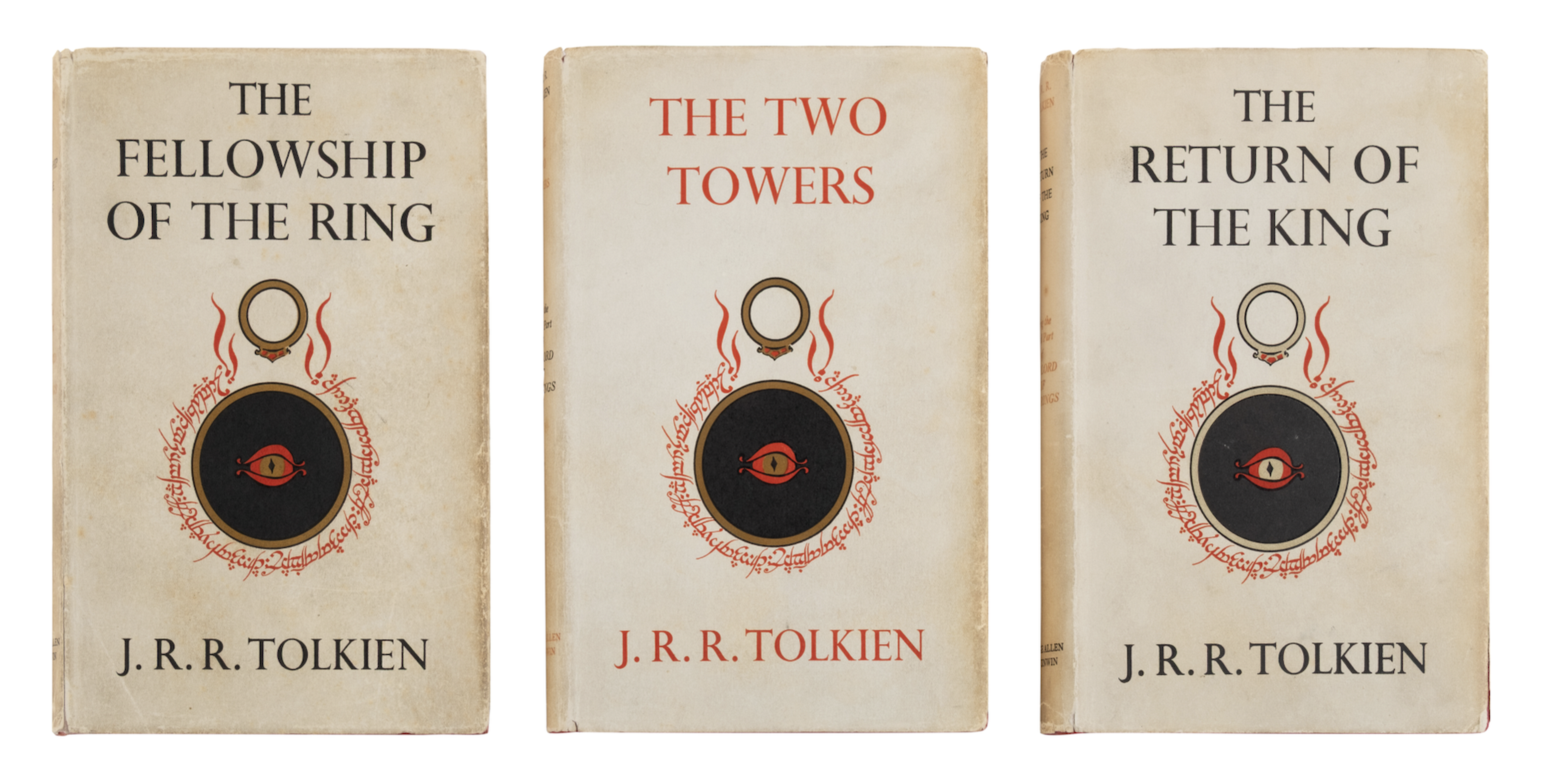 Lot 208 | Tolkien, J.R.R. (1892-1973). [The Lord of the Rings trilogy:] The Fellowship of the Ring. 1954. -- The Two Towers. 1954. -- The Return of the King. 1955. All London: Allen & Unwin Ltd. Estimate $15,000 – 20,000
