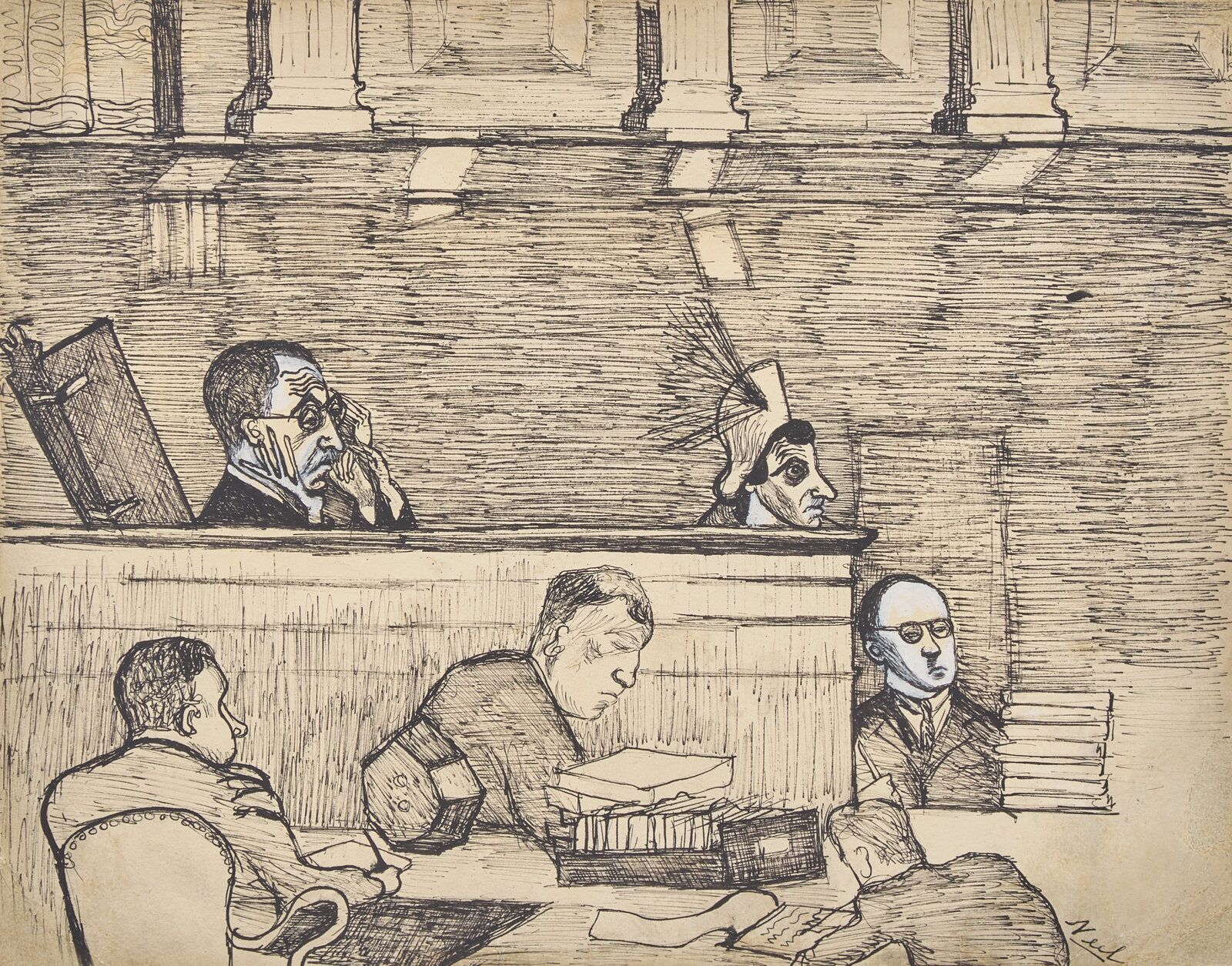 Lot 90 Alice Neel (American, 1900-1984) Judge Medina - Trial Scene, 1951-52