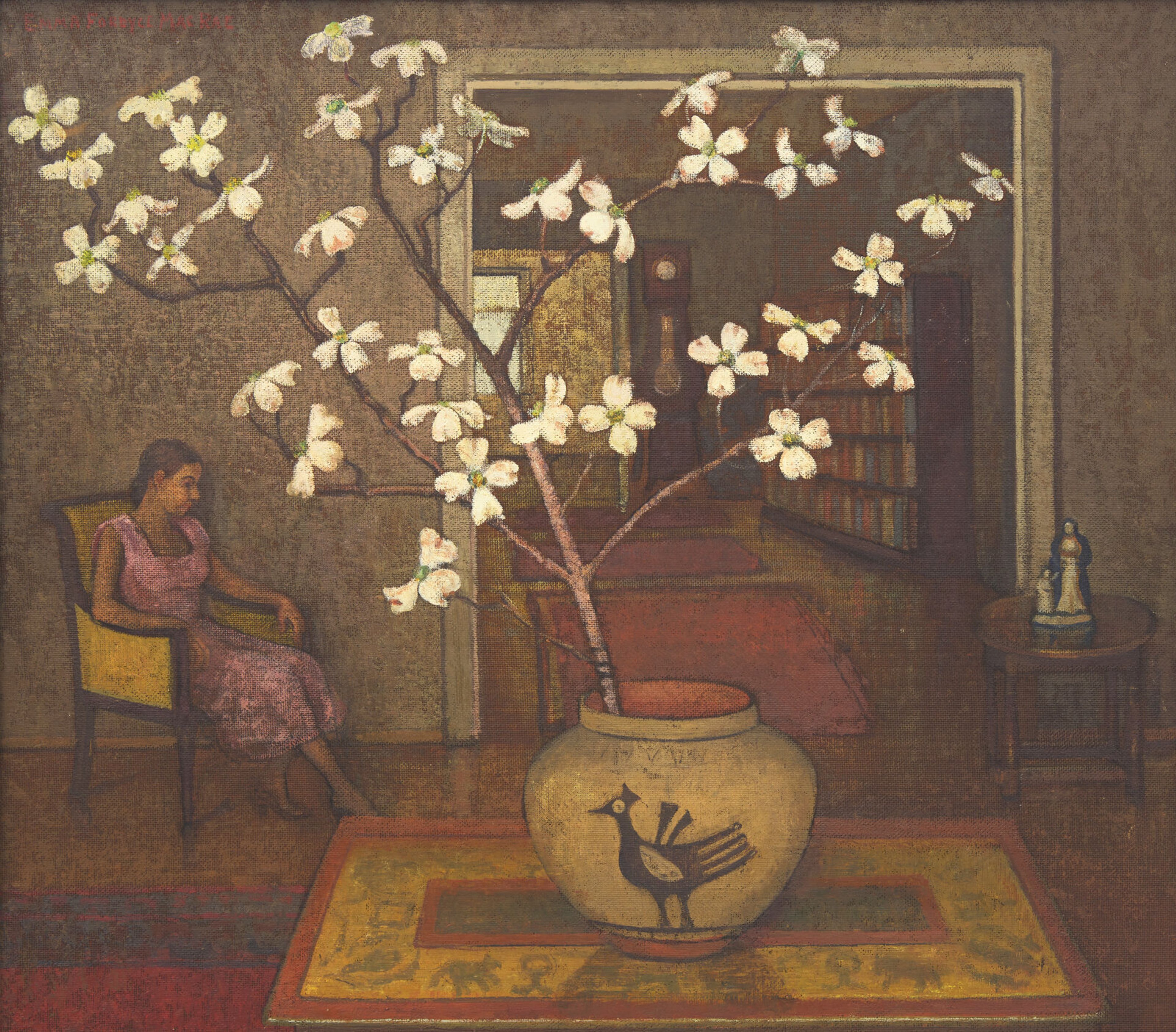 painting featuring a potted plant in the foreground and a woman seated in an interior setting in the background