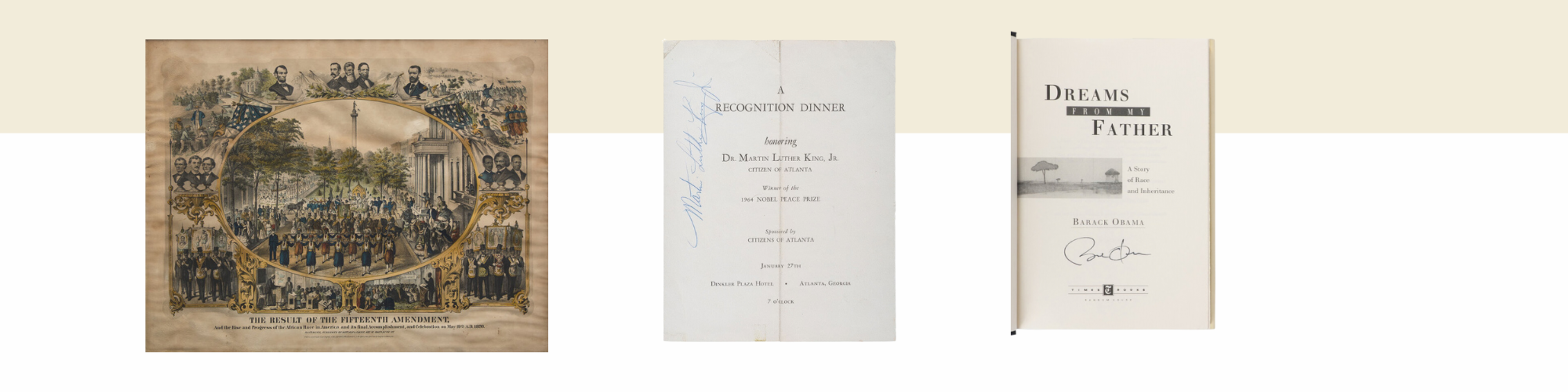 [African-Americana] The Result of the Fifteenth Amendment, And the Rise and Progress of the African Race in American... | [African-Americana] King, Martin Luther, Jr. Signed Program | OBAMA, Barack (b. 1961). A group of 4 FIRST EDITIONS, ALL SIGNED, comprising: