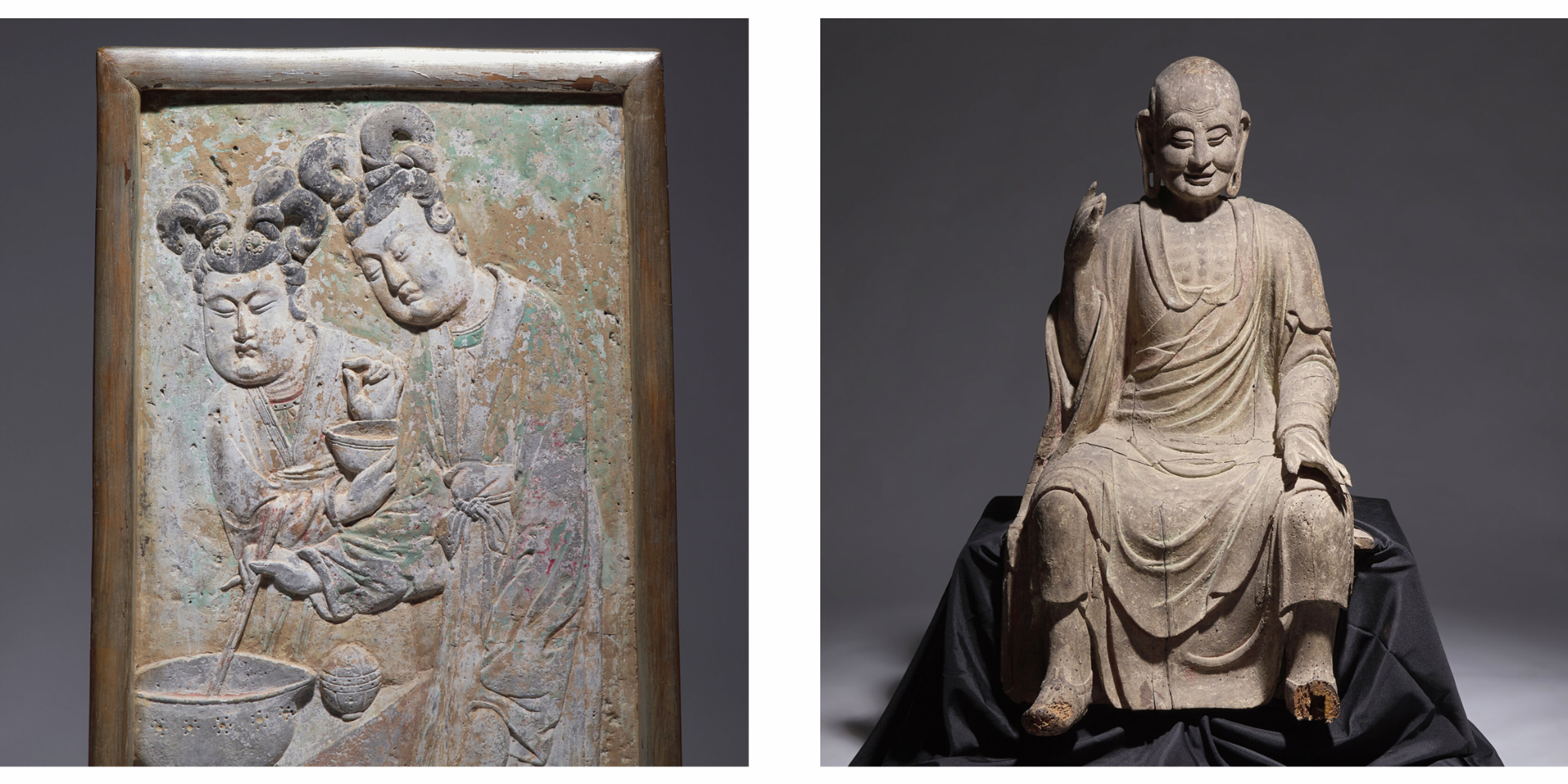 FROM LEFT TO RIGHT: Lot 102: A Rare Chinese Carved and Painted 'Court Ladies' Relief Brick Panel, Late Tang Dynasty-Five Dynasties and Ten Kingdoms| Sold for $76,800 Lot 101: A Large Chinese Carved Wood Seated Figure of Luohan, Ming Dynasty | Sold for $64,000