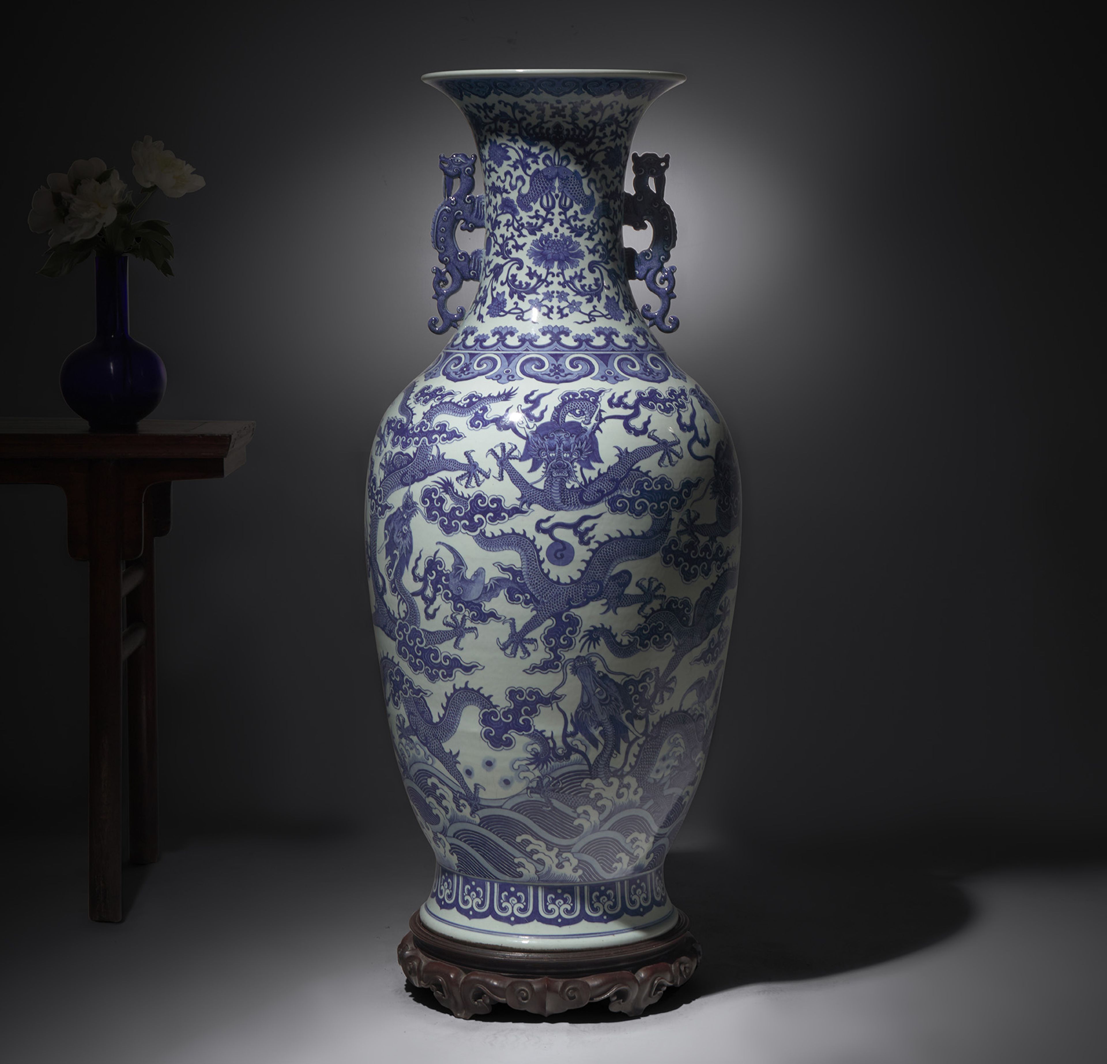 A Magnificent, Monumental, and Extremely Rare Chinese Blue and White 'Nine Dragons' Vase