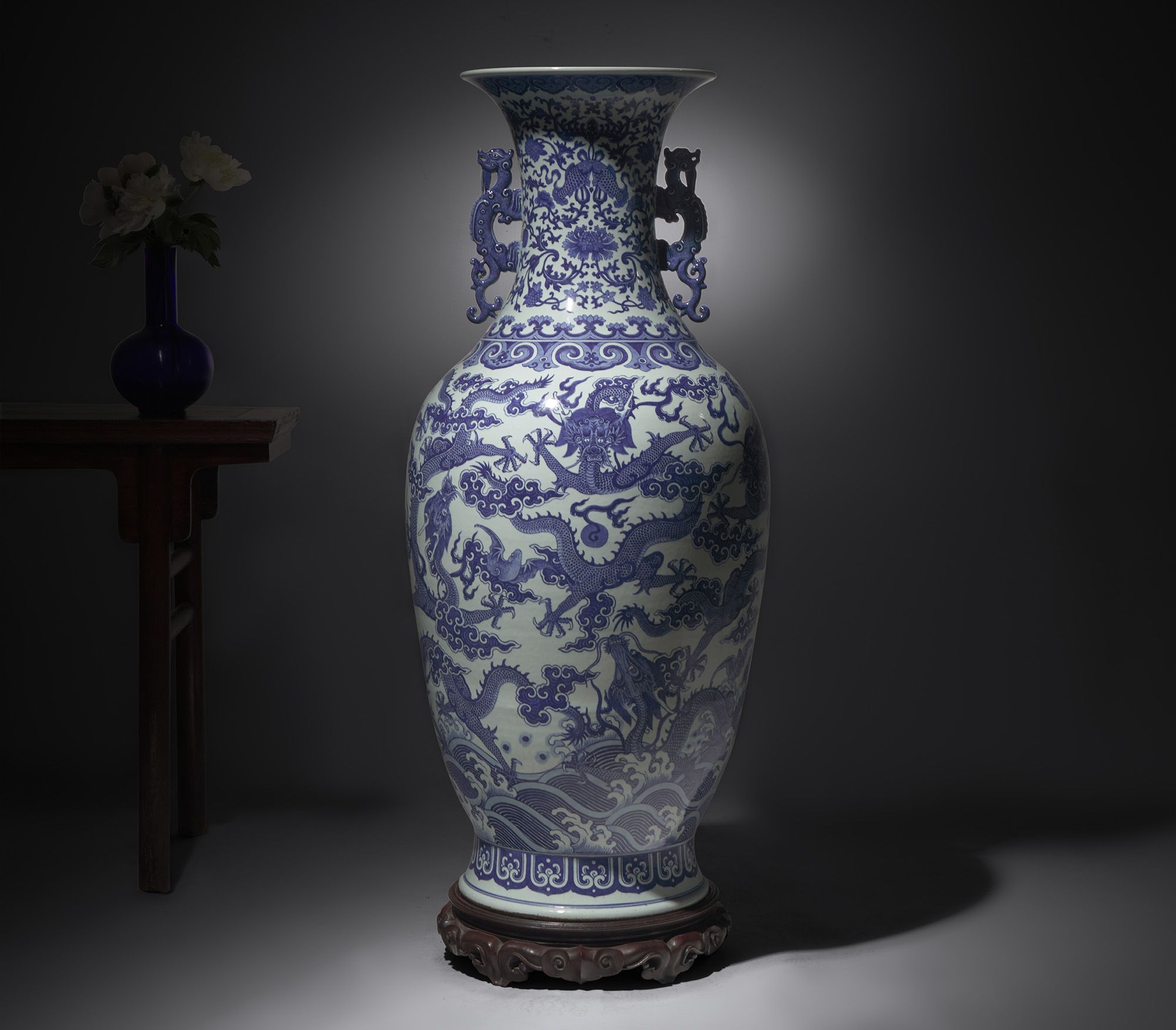 A Magnificent, Monumental, and Extremely Rare Chinese Blue and White 'Nine Dragons' Vase
