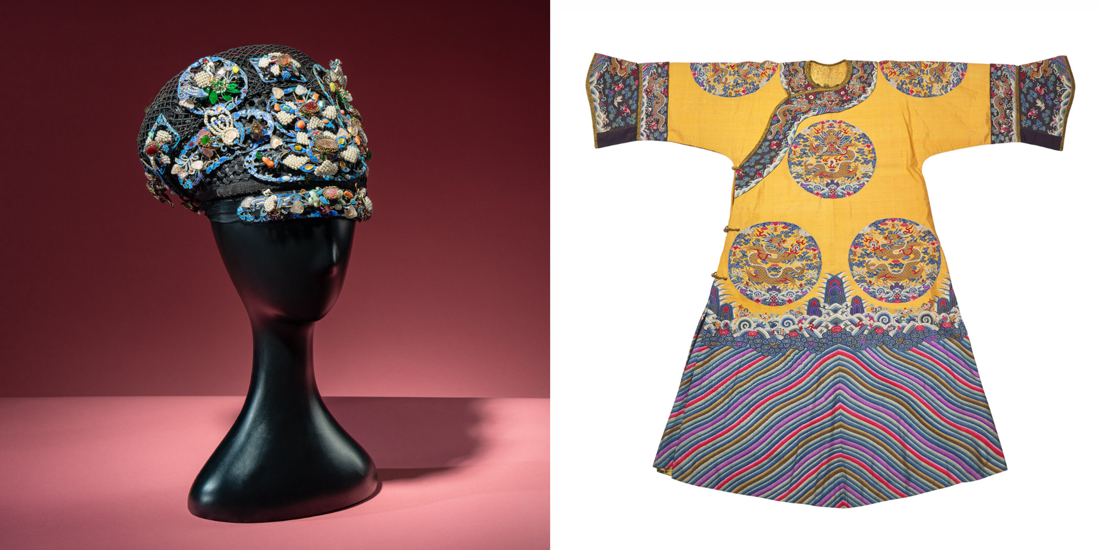 FROM LEFT TO RIGHT: Lot 27: A Chinese Pearl, Jadeite, and Hardstone Ornamented Court Headdress, Dianzi, with Headband, Box, and Four Hairpins, 19th Century | Sold for $108,800 Lot 28: A Chinese Yellow Kesi Dragon Roundel Robe, Late 19th Century | Sold for $64,000
