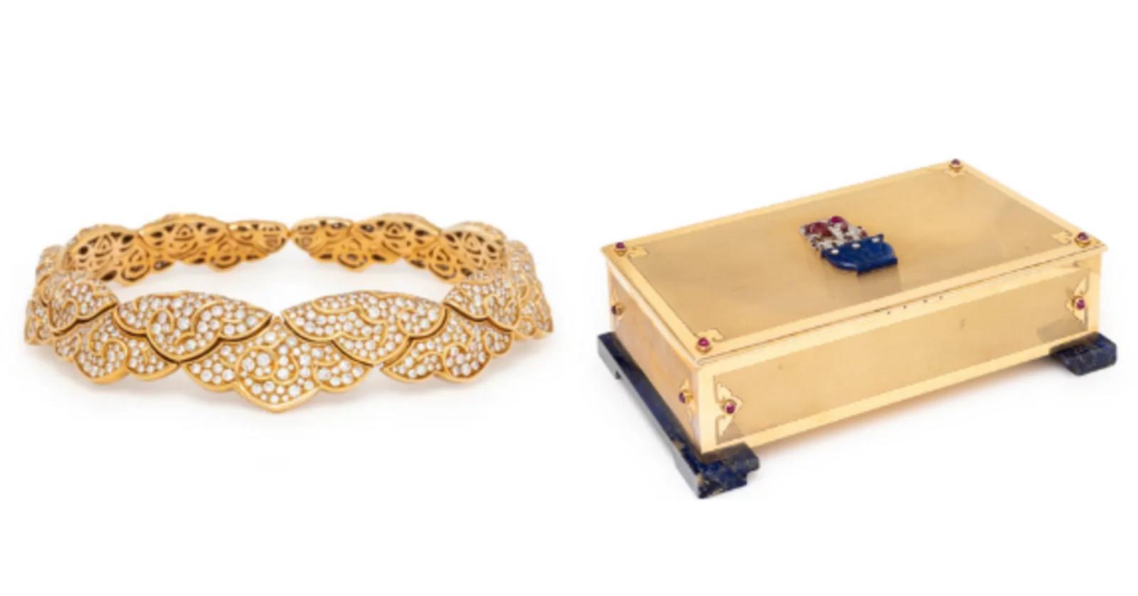 From Left to Right: Lot 76 | Marina B, Diamond and Yellow Gold 'Esclave' Choker Necklace | Sold for $89,600 Lot 34 | Cartier, Art Deco, Yellow Gold and Multigem Table Box | Sold for $73,600