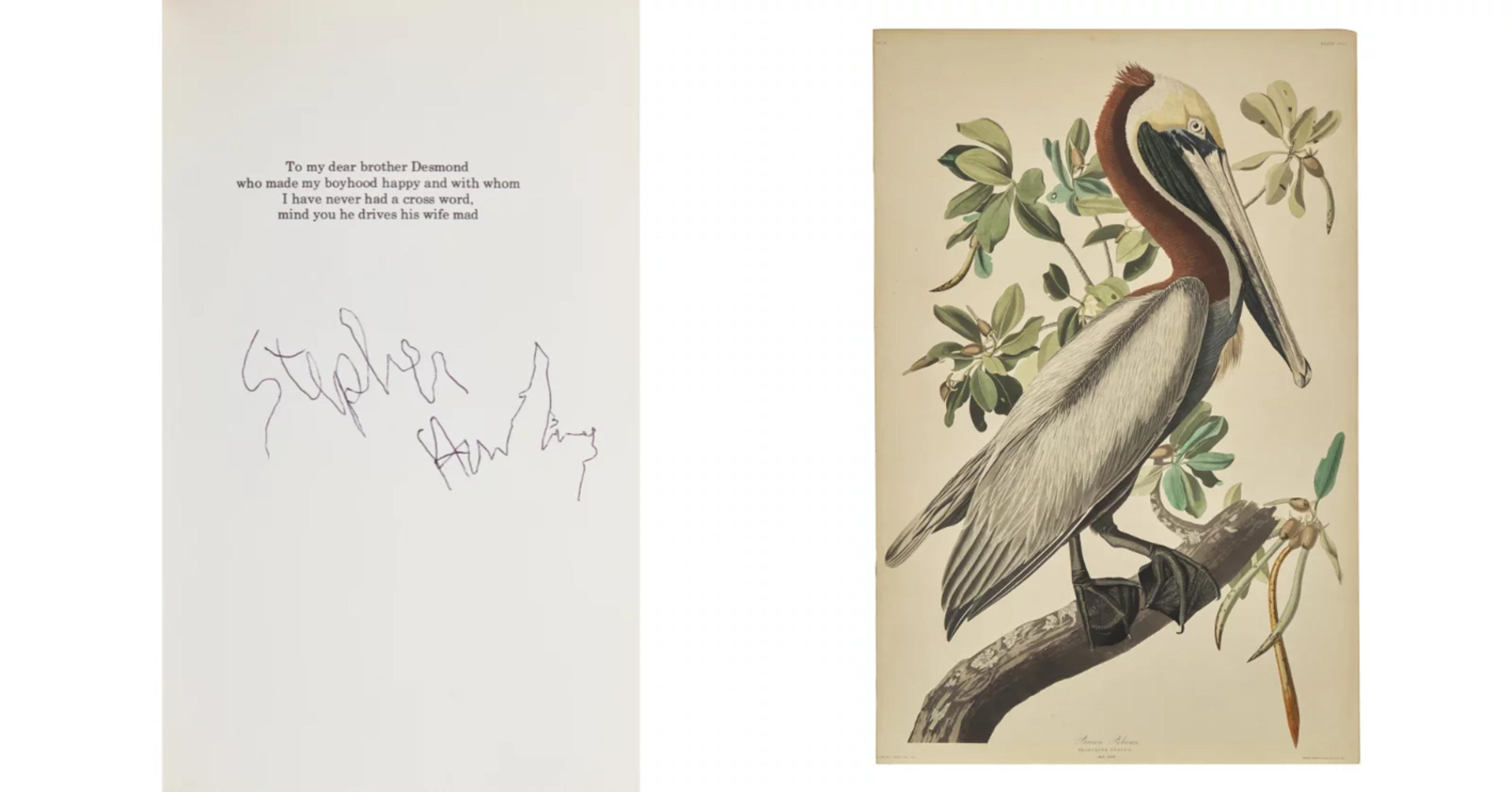 LEFT TO RIGHT
Lot 205 | Milligan, Spike. "Rommel?" "Gunner Who?" A Confrontation in the Desert. Signed by Stephen Hawking | Estimate $15,000 – 25,000; Lot 136 | Audubon, John James. Brown Pelican | Estimate $30,000 – 50,000