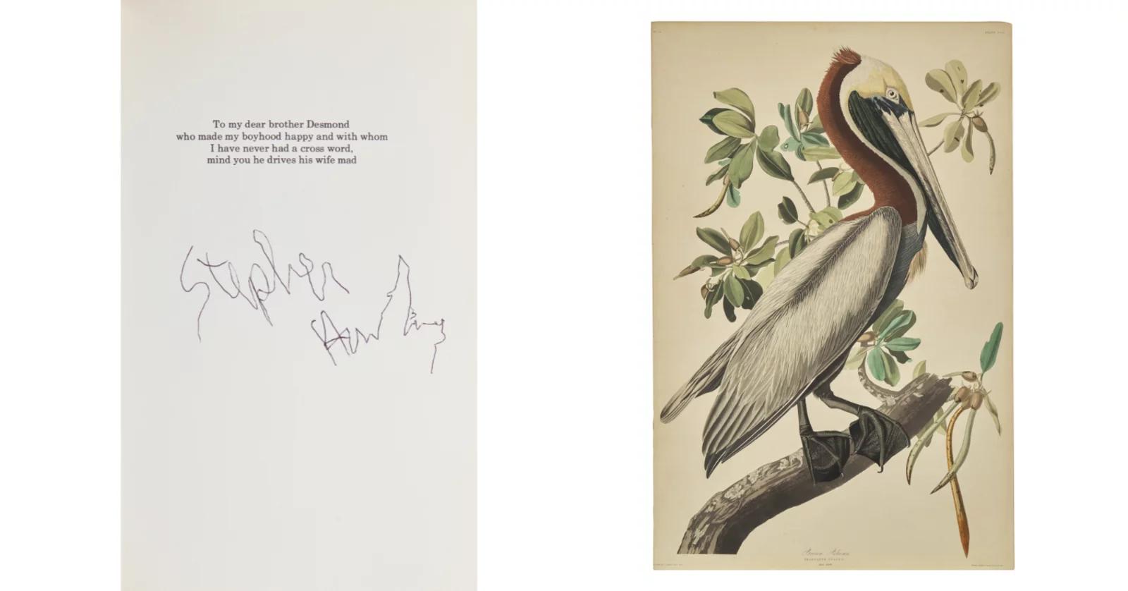LEFT TO RIGHT
Lot 205 | Milligan, Spike. "Rommel?" "Gunner Who?" A Confrontation in the Desert. Signed by Stephen Hawking | Estimate $15,000 – 25,000; Lot 136 | Audubon, John James. Brown Pelican | Estimate $30,000 – 50,000
