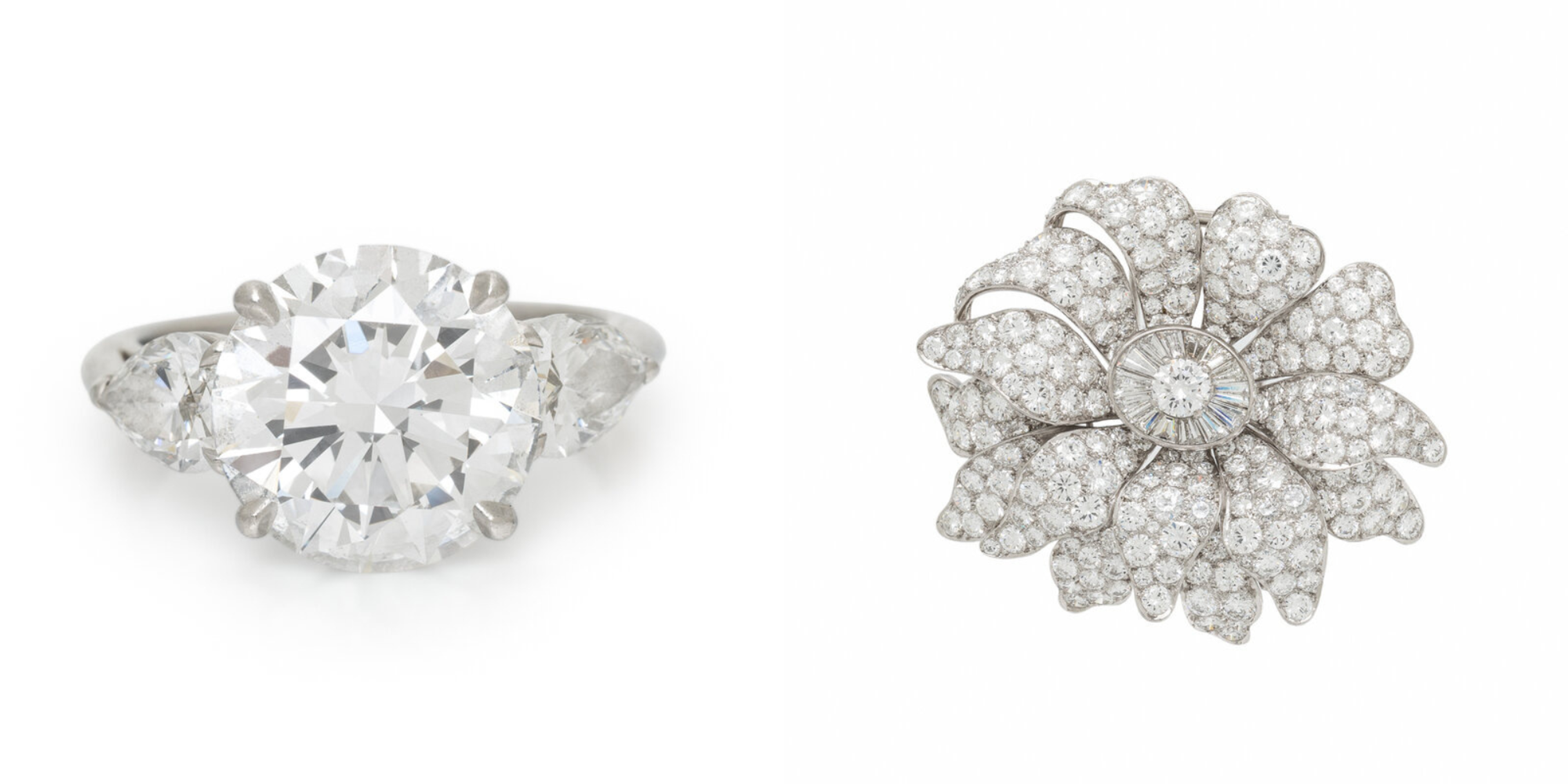 From Left to Right: TIFFANY & CO., DIAMOND AND PLATINUM RING | Sold for $140,800 VAN CLEEF & ARPELS, DIAMOND AND PLATINUM FLOWER BROOCH | Sold for $83,200