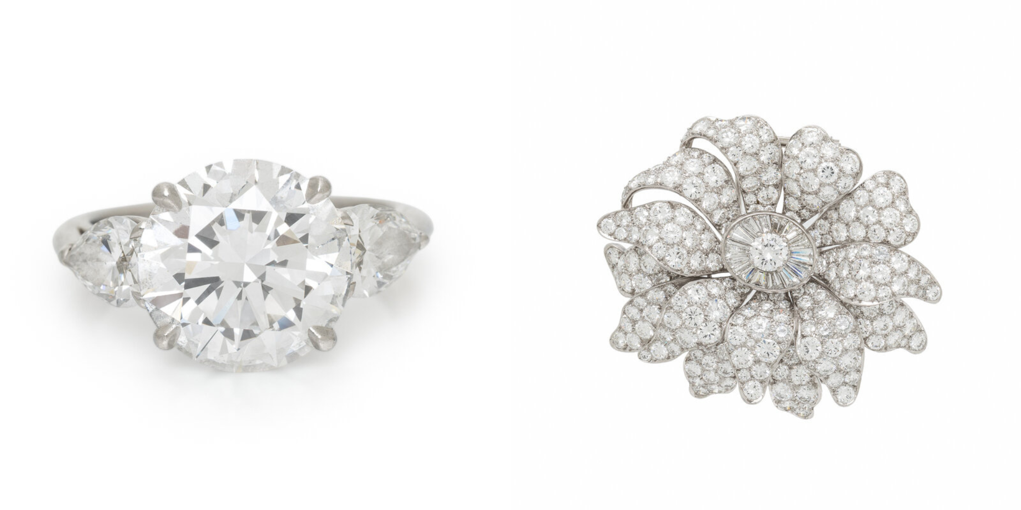 From Left to Right: TIFFANY & CO., DIAMOND AND PLATINUM RING | Sold for $140,800 VAN CLEEF & ARPELS, DIAMOND AND PLATINUM FLOWER BROOCH | Sold for $83,200