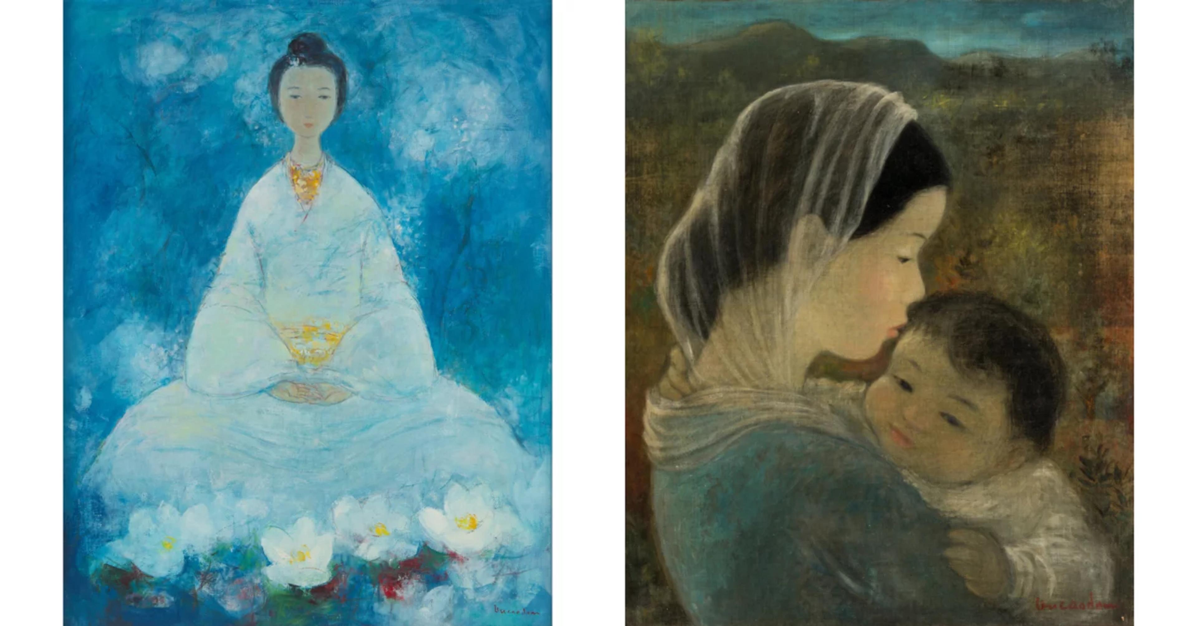 Vu Cao Dam (French/Vietnamese, 1908-2000) | Divinité Blanche, 1976 | Price Realized $102,100;  Vũ Cao Đàm (French/ Vietnamese, 1908-2000) | Mother and Child | Price Realized $190,500