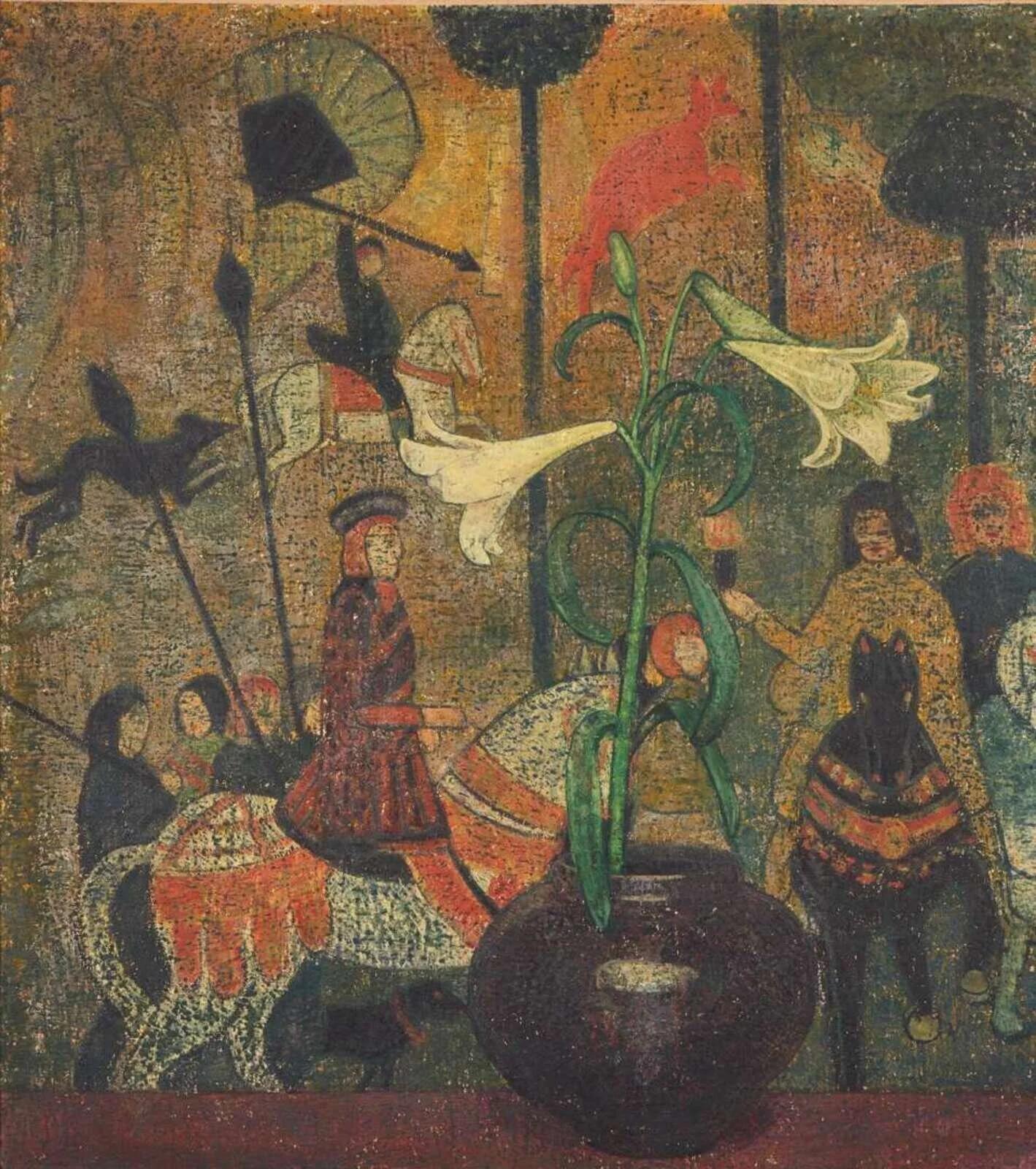 a painting featuring a small figurine and patterned wall paper