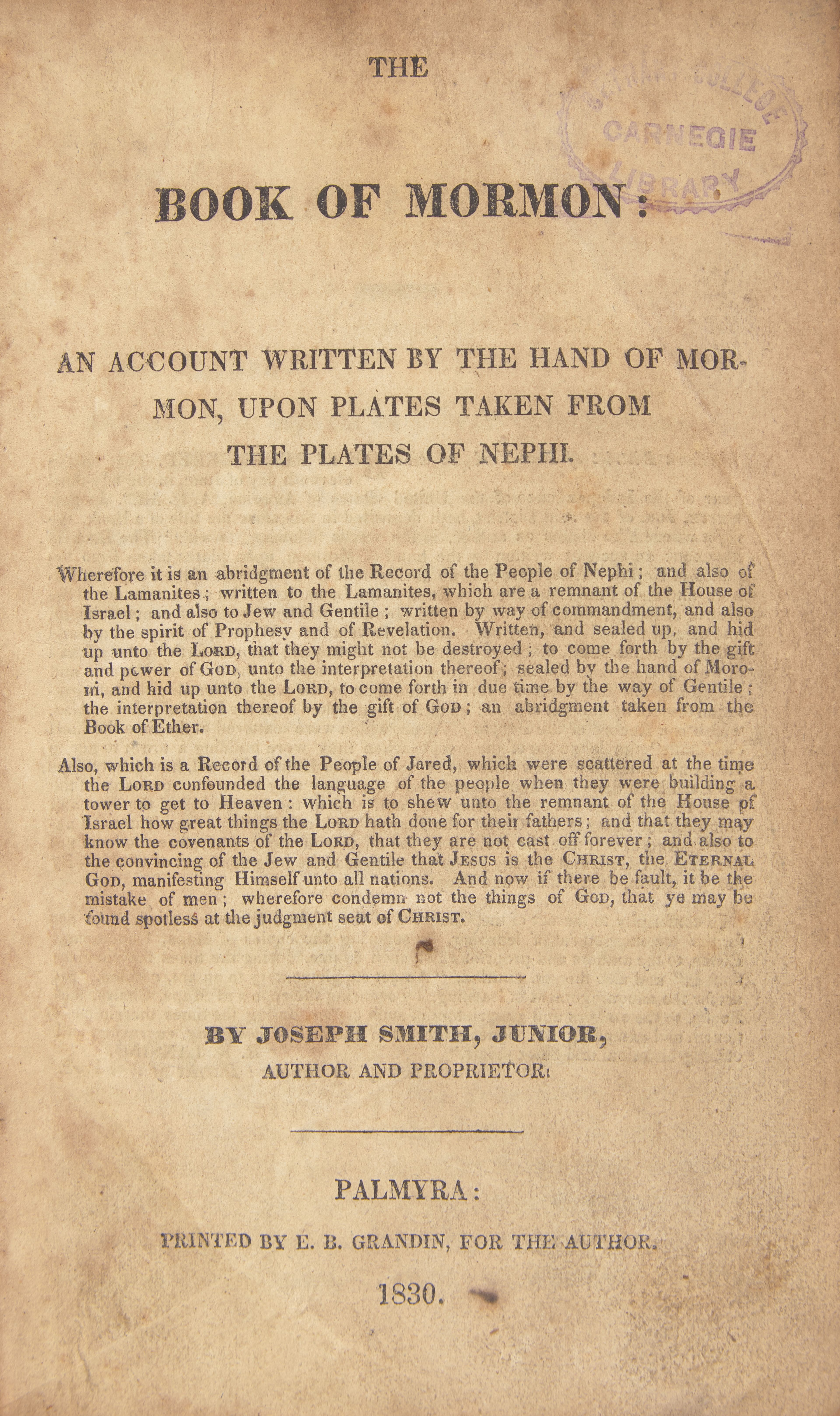 Lot 43 | Smith, Joseph. The Book of Mormon: An Account Written by the Hand of Mormon, Upon Plates Taken From the Plates of Nephi | SOLD FOR $230,400