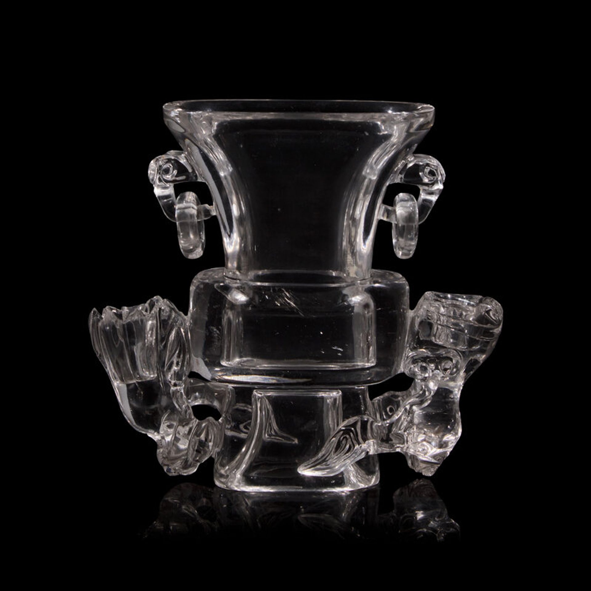 Lot 170 | A Chinese Rock Crystal Vase Flanked by Flowers, early 20th Century, 晚清-民國 水晶靈芝芙蓉花樽, Estimate: $1,500 - $2,500