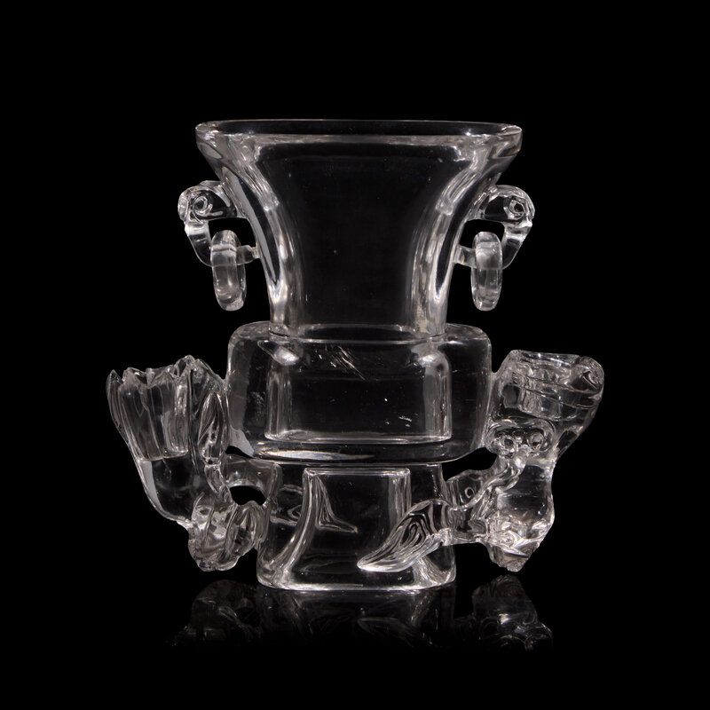 Lot 170 | A Chinese Rock Crystal Vase Flanked by Flowers, early 20th Century, 晚清-民國 水晶靈芝芙蓉花樽, Estimate: $1,500 - $2,500