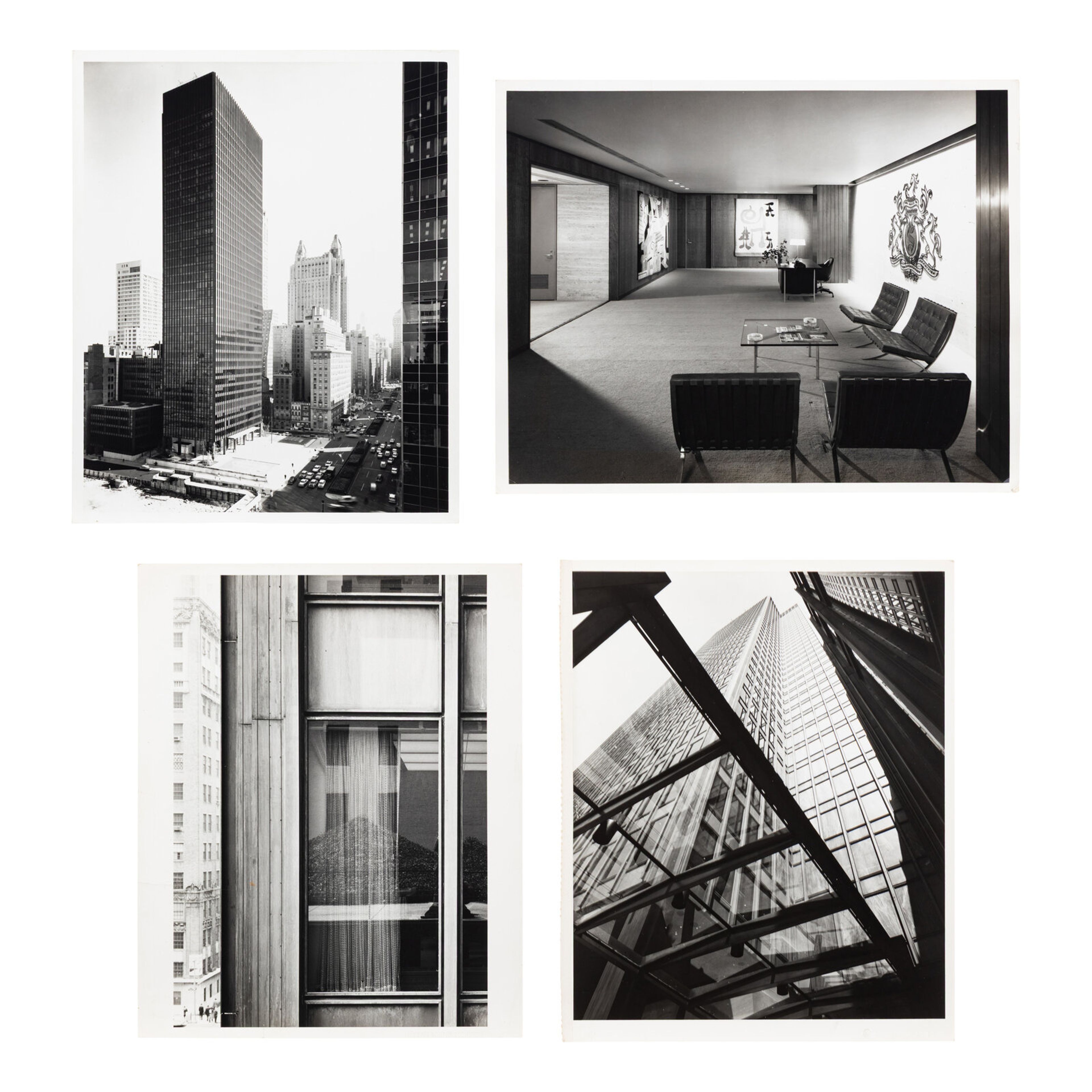 Ezra Stoller (American, 1915-2004) A group of four early photographs of Ludwig Mies van der Rohe's Seagram Building, New York, ca. 1958 gelatin silver print each with artist's stamp, verso; one stamped 'Please Return to Mies van der Rohe 230 East Ohio Street Chicago 11, Illinois', verso largest sheet: 8 1/2 x 11 in.