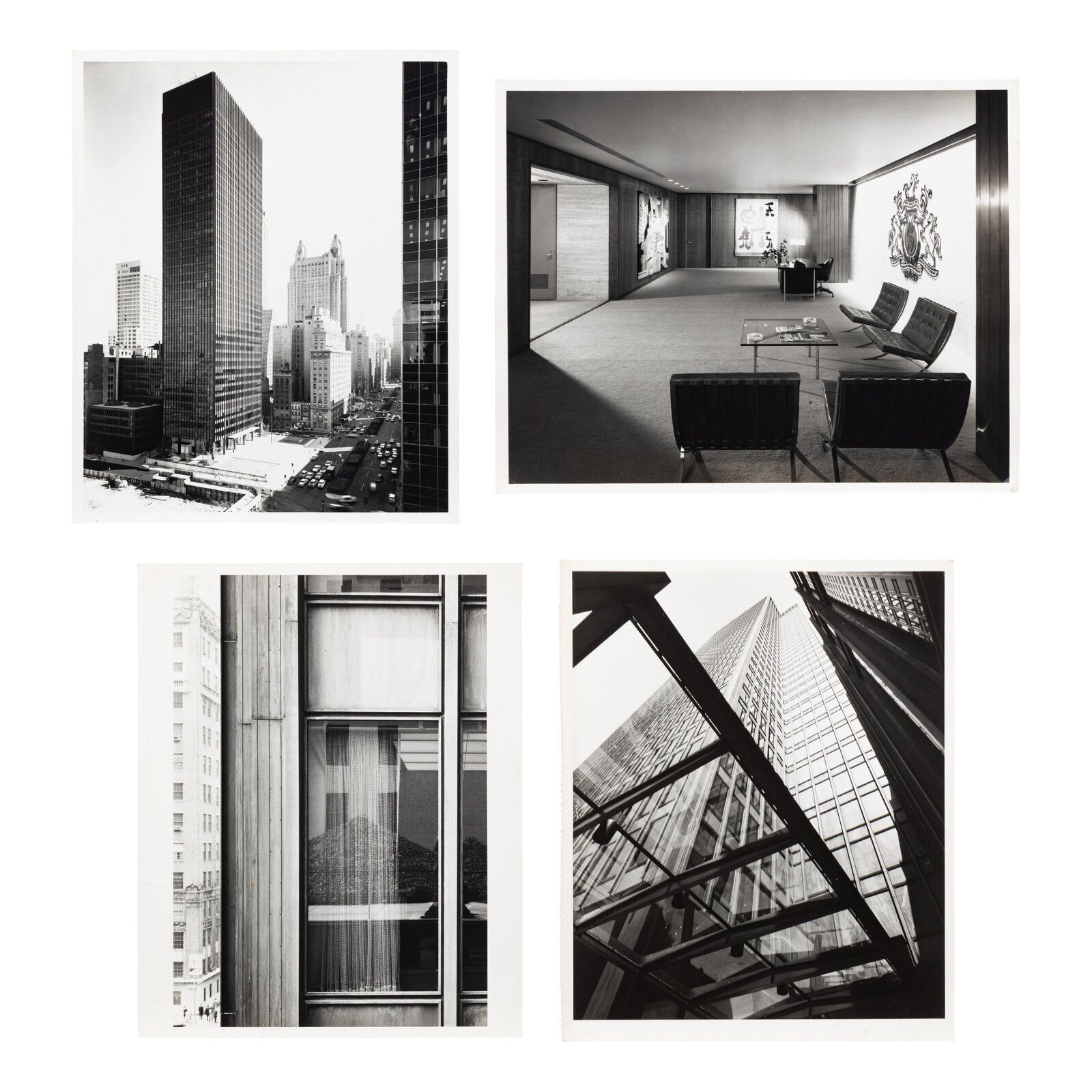 Ezra Stoller (American, 1915-2004) A group of four early photographs of Ludwig Mies van der Rohe's Seagram Building, New York, ca. 1958 gelatin silver print each with artist's stamp, verso; one stamped 'Please Return to Mies van der Rohe 230 East Ohio Street Chicago 11, Illinois', verso largest sheet: 8 1/2 x 11 in.