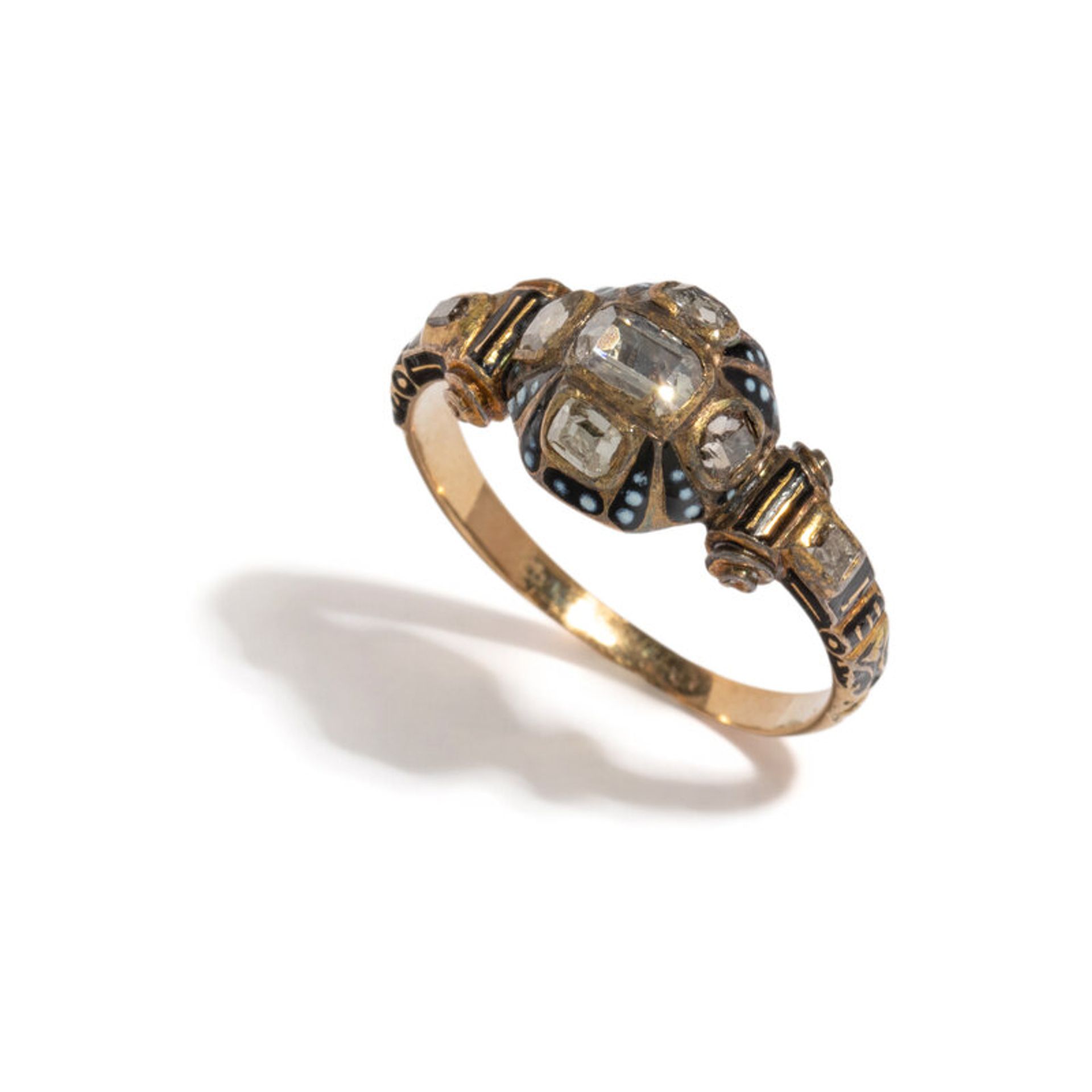 Lot 34 | RENAISSANCE REVIVAL, YELLOW GOLD, DIAMOND, AND ENAMEL RING | Estimate: $600 – 800