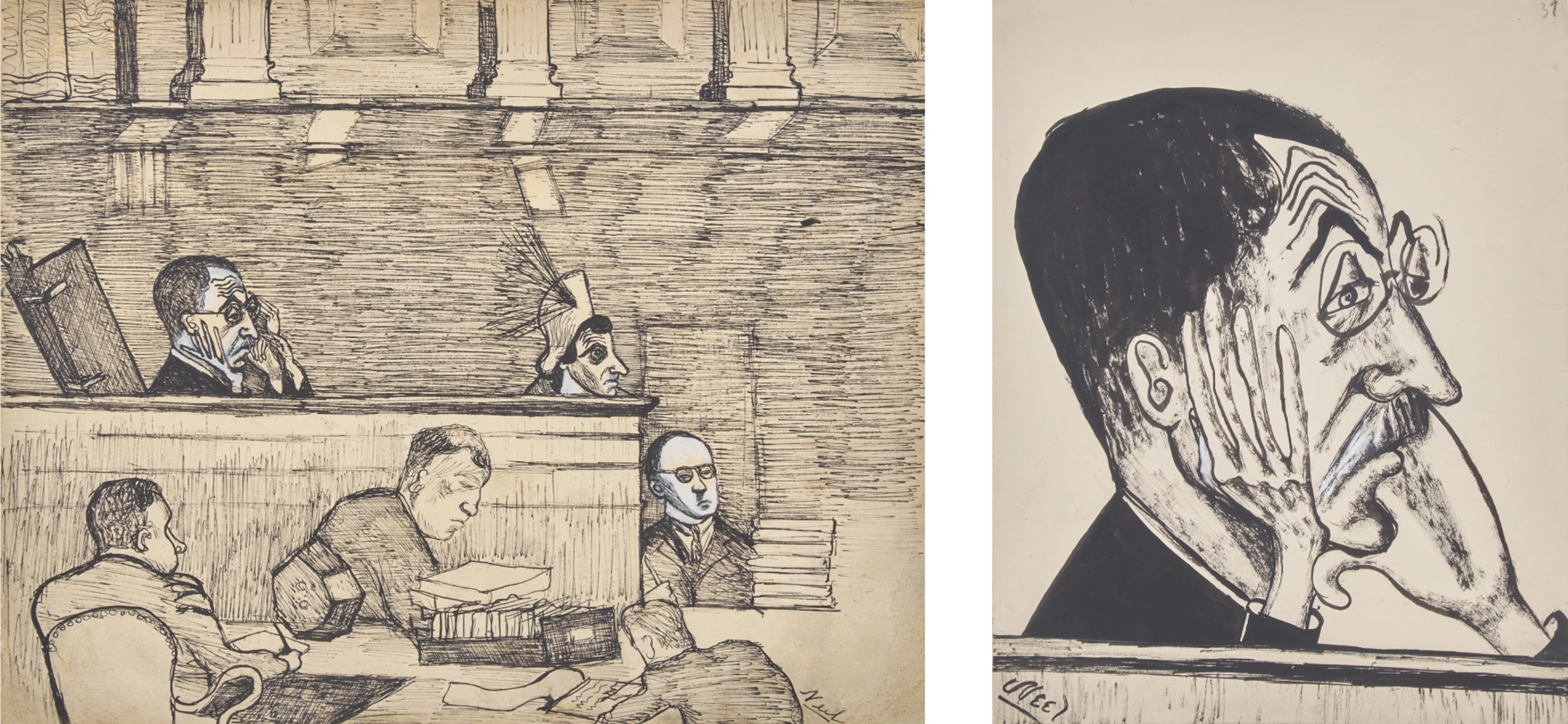 From Left to Right: Lot 90 | Alice Neel (American, 1900-1984) | Judge Medina - Trial Scene, 1951-52 Estimate: $30,000 – $50,000 Lot 91 | Alice Neel (American, 1900-1984) | Judge Medina, 1949 | Estimate: $30,000 – $50,000