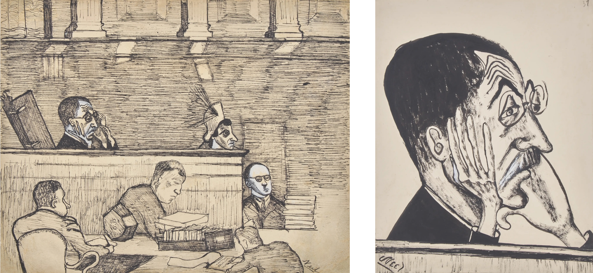 From Left to Right: Lot 90 | Alice Neel (American, 1900-1984) | Judge Medina - Trial Scene, 1951-52 Estimate: $30,000 – $50,000 Lot 91 | Alice Neel (American, 1900-1984) | Judge Medina, 1949 | Estimate: $30,000 – $50,000