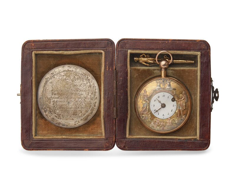 Lot 76 | A Historic 18 Karat Tricolor Gold Open Face Jacquemart Automaton Quarter Repeater Pocket Watch Purportedly Owned by Marquis de Lafayette, Sold for $44,800