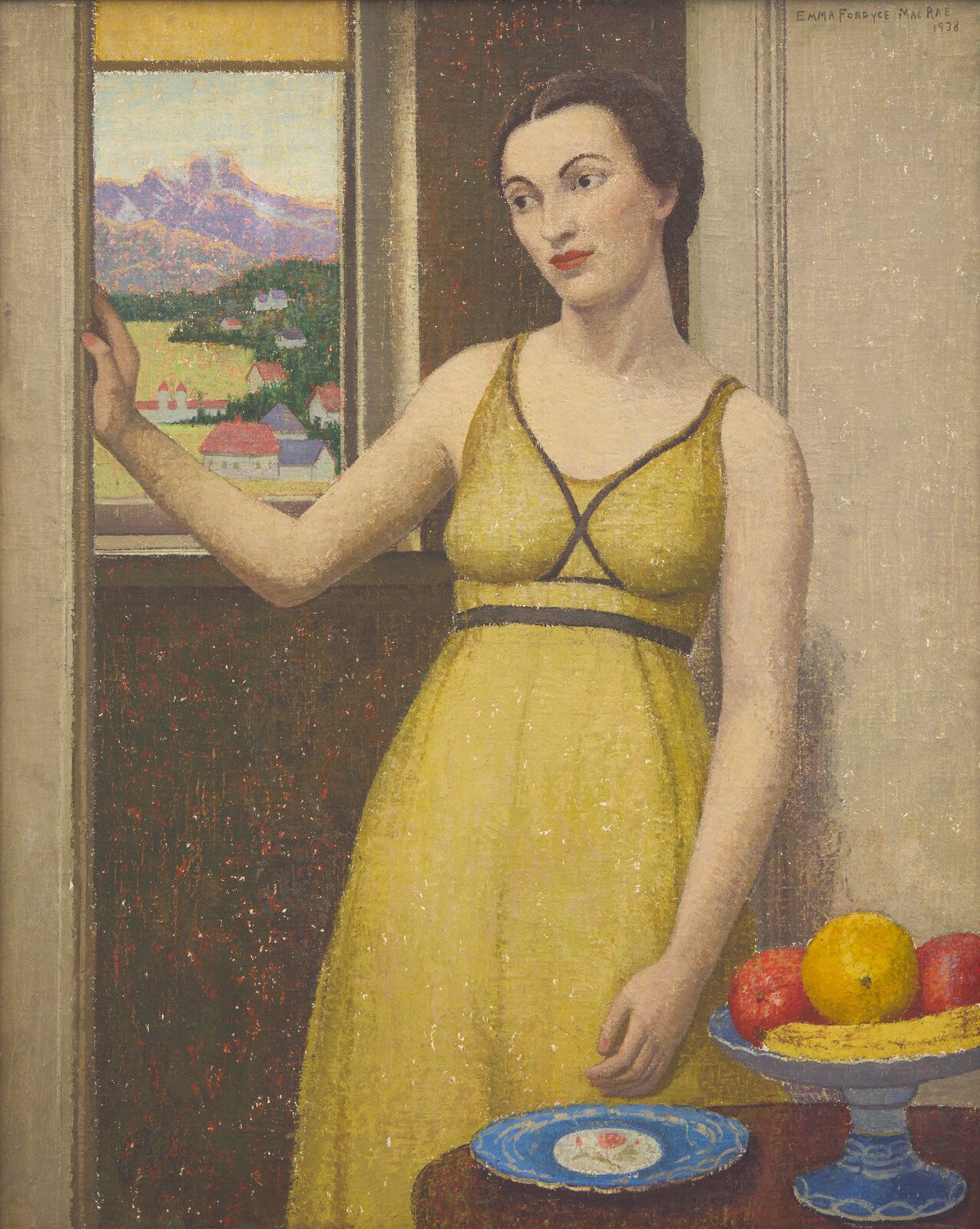 painting featuring a potted plant in the foreground and a woman seated in an interior setting in the background