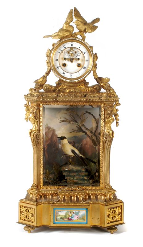 A French Porcelain Mounted Gilt Bronze Singing Bird Automaton Mantel Clock, Attributed to Bontems, Circa 1875,
