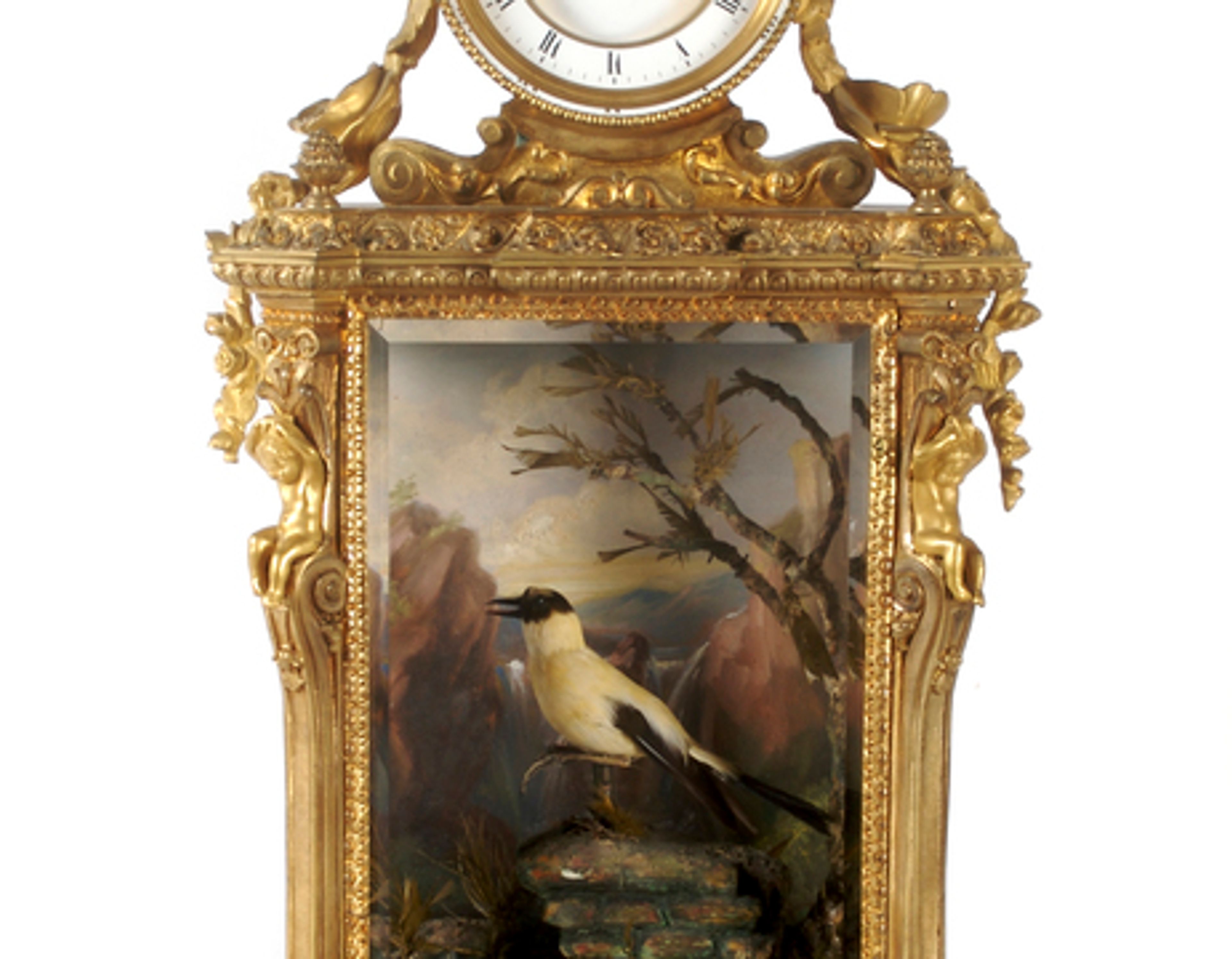 A French Porcelain Mounted Gilt Bronze Singing Bird Automaton Mantel Clock, Attributed to Bontems, Circa 1875,