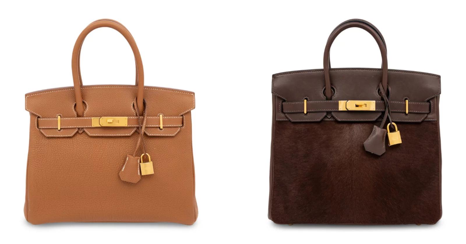 Lot 112 Hermès, Birkin 25 Bag in Gold Clemence; Estimate $18,000.00 - $22,000.00 | Lot 25 Hermès, Limited Edition HAC Birkin 28 in Pony Hair & Box Leather; $12,000.00 - $18,000.00
