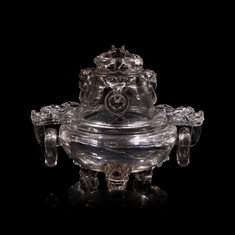 Lot 164 | A Chinese Rock Crystal Censer and Openwork Cover, Early 20th Century, 晚清-民國 水晶鏤空龍紋銜環三足香爐, Estimate: $1,500 - $2,000