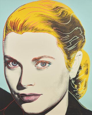 A pop-art style screenprint portrait of a woman's face against a pale turquoise background. She has slicked, wavy blonde hair, pale skin with bold graphic outlines, blue eyes, dark eyebrows, and mauve-pink lips, with a dark shadow along one side of her face and red linear accents throughout.