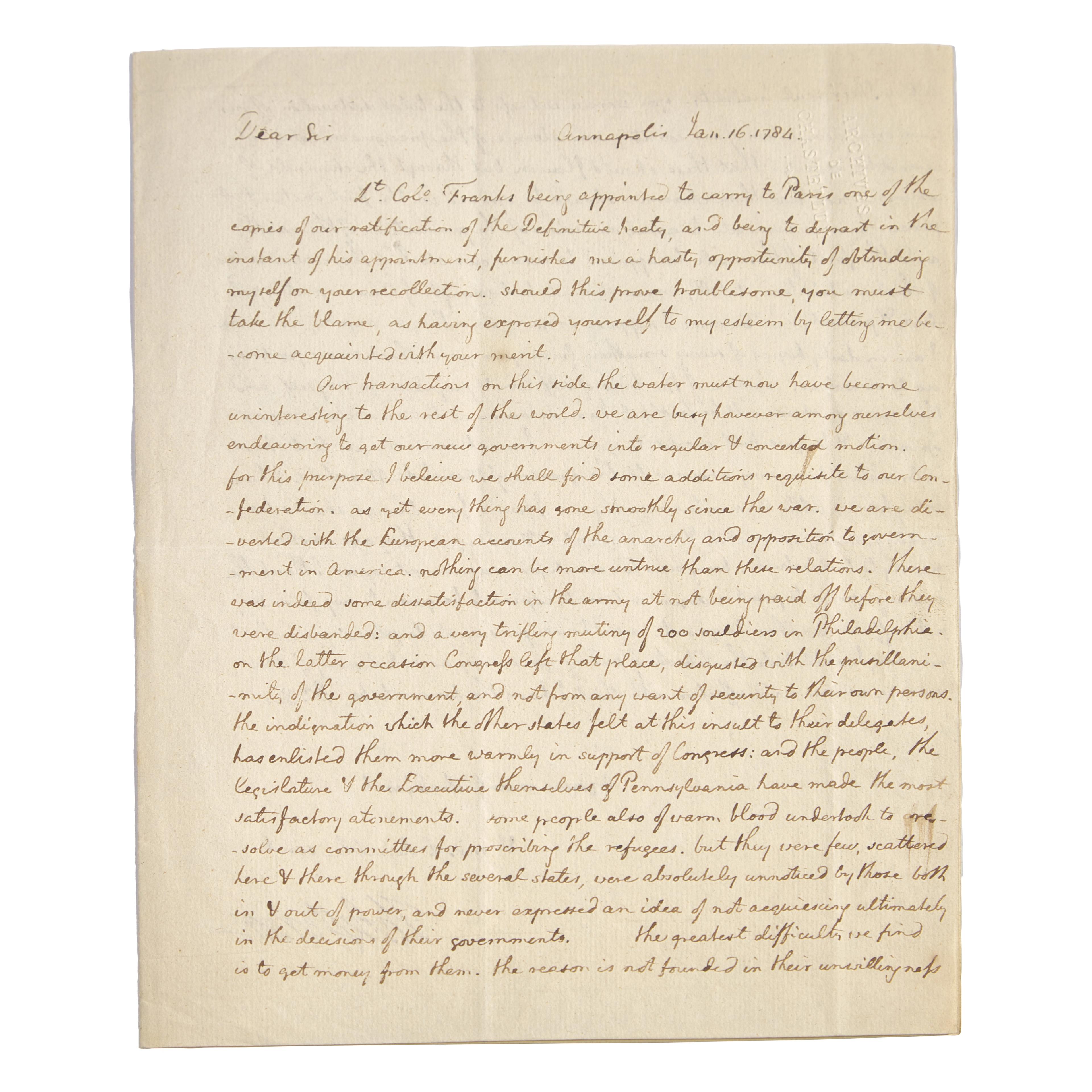 Thomas Jefferson’s “Birth of a New Nation” Letter Announcing the Definitive Treaty of Paris, Carried by a Jewish Patriot. Two-page Autograph Letter, signed, to Francois Jean de Beauvoir, Chevalier de Chastellux, January 16, 1784. | Estimate $100,000 – 200,000