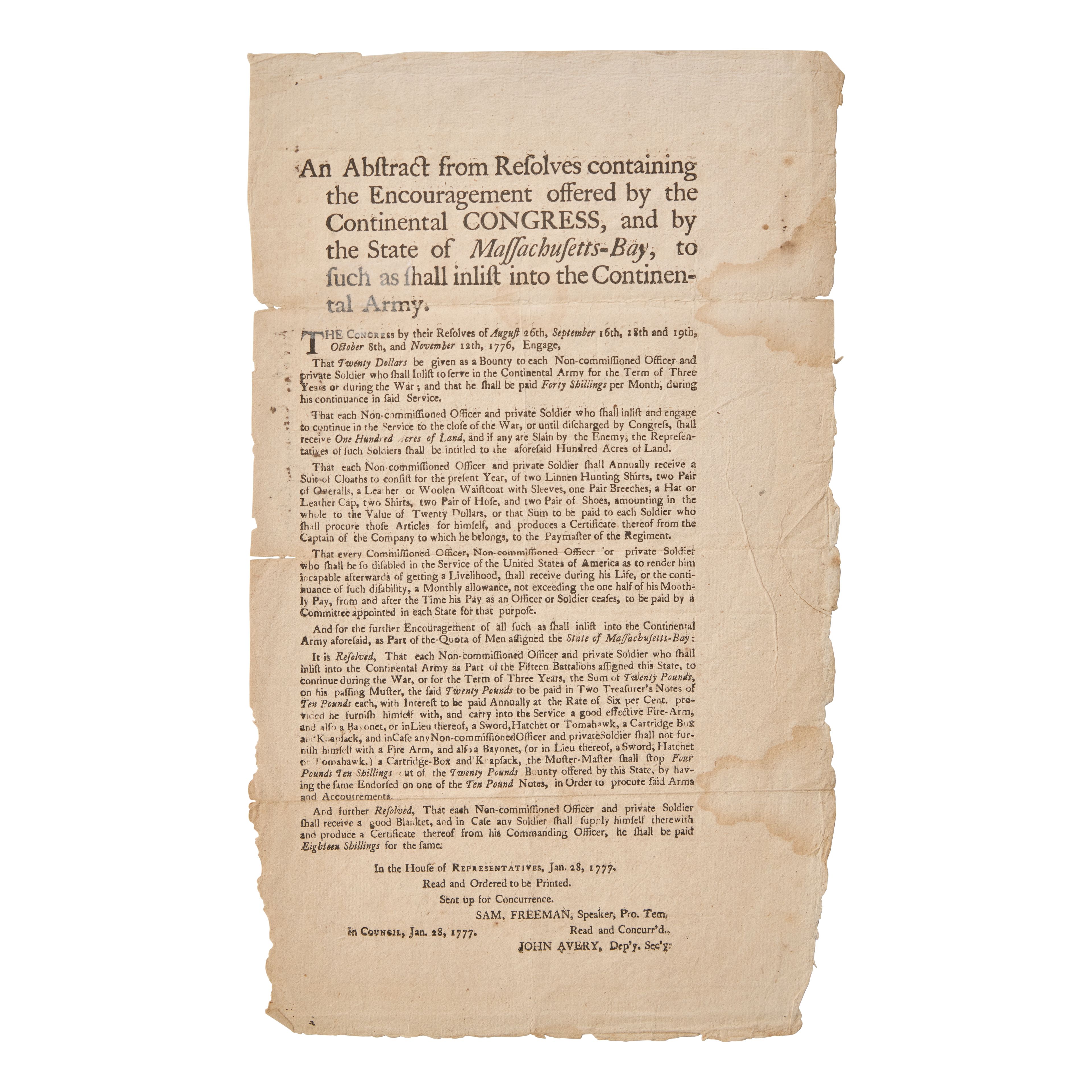 A Call to Arms in the Months Following the Declaration of Independence: A 1777 Continental Army Recruitment Poster | Estimate $6,000 – 9,000