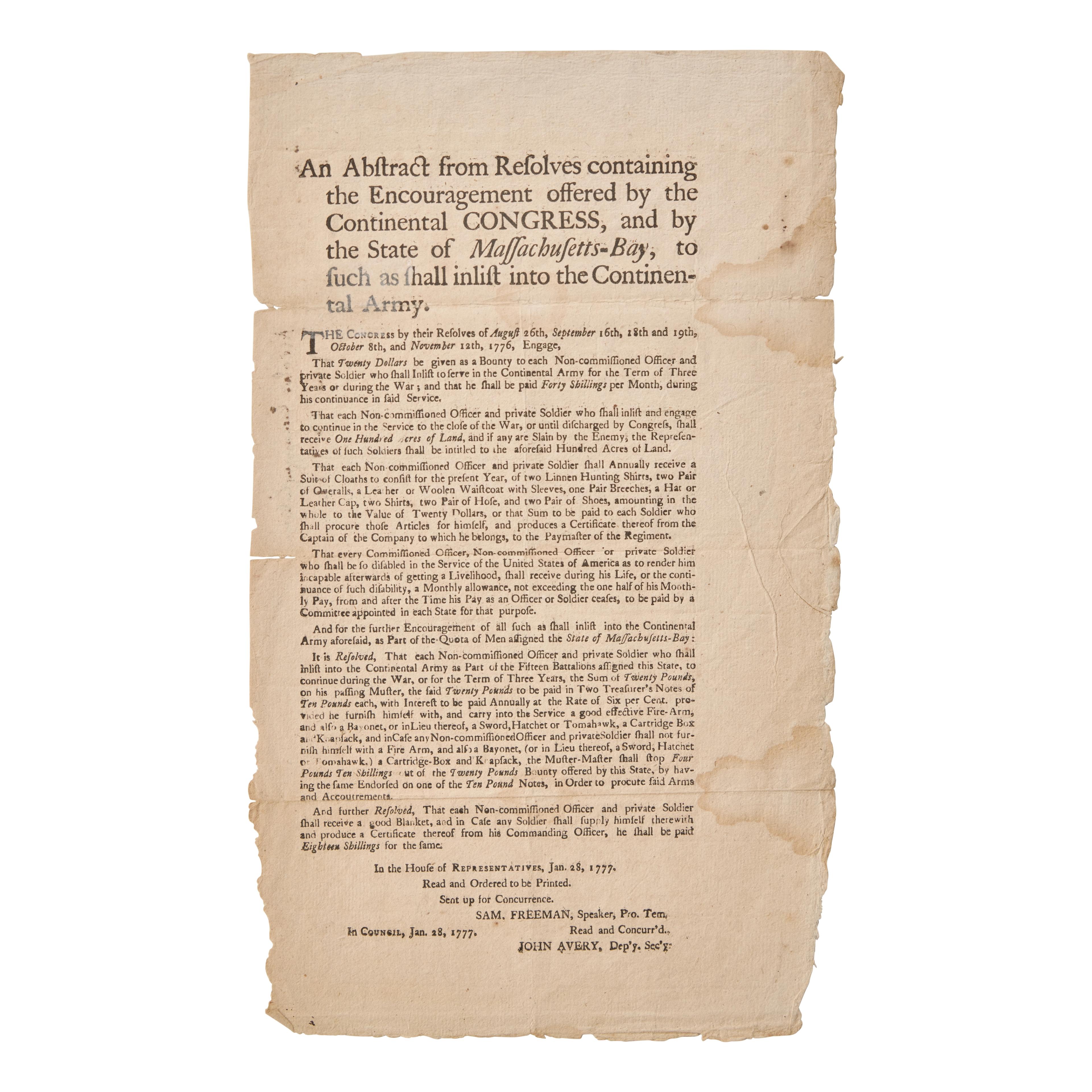 A Call to Arms in the Months Following the Declaration of Independence: A 1777 Continental Army Recruitment Poster | Estimate $6,000 – 9,000