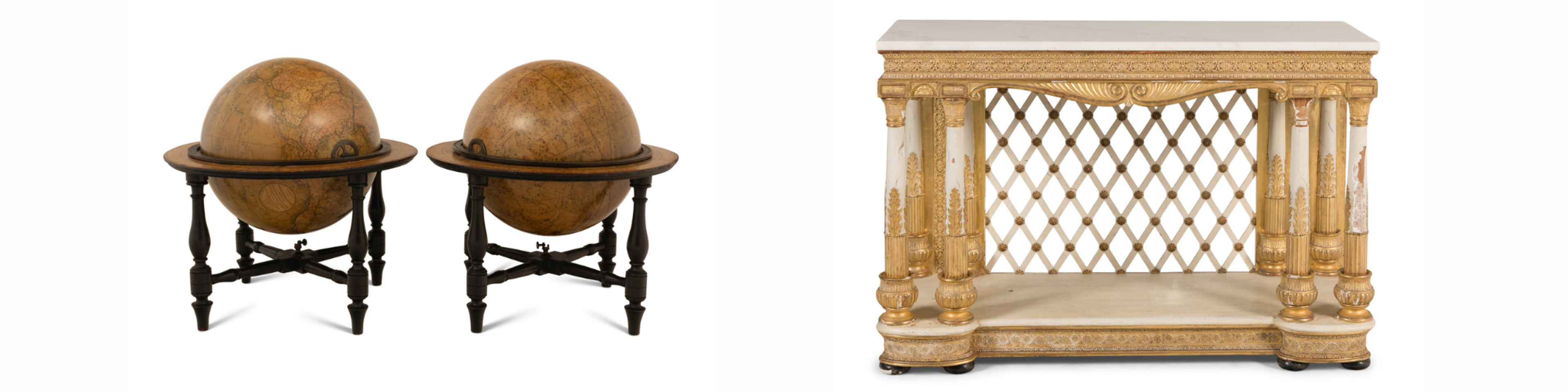 LEFT TO RIGHT
Lot 17, A Pair of English Celestial and Terrestrial Table Globes, Circa 1813 | Estimate $5,000 - 7,000
Lot 36, A North European White-Painted and Parcel-Gilt Marble-Top Console Table, Second Quarter 19th Century | Estimate $5,000 - 7,000