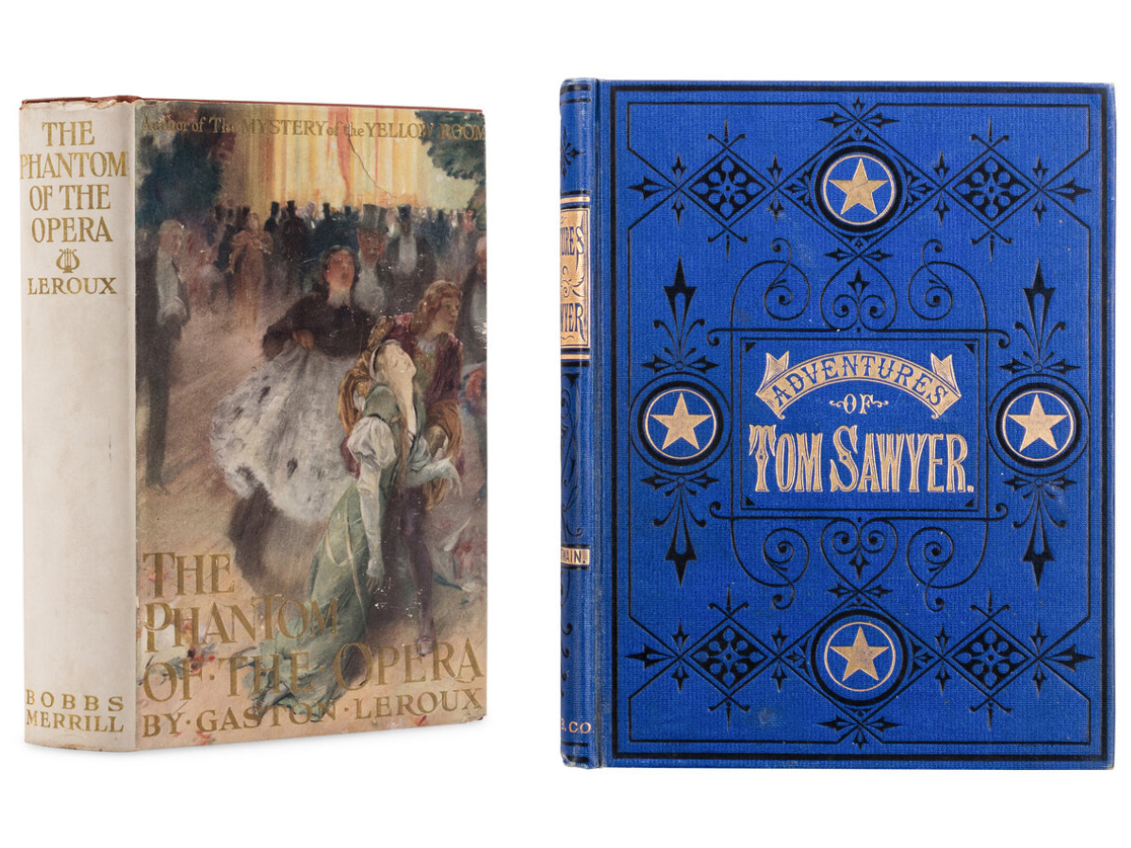 LEFT | LEROUX, Gaston. The Phantom of the Opera. FIRST AM. ED, FIRST ISSUE IN THE VERY RARE DUST JACKET. 1911
Sold for $20,320
RIGHT | CLEMENS. ("Mark Twain"). The Adventures of Tom Sawyer. Hart., 1876. 1st AM ED, 1st PRINT, GILT EDGES.
Sold for $41,275