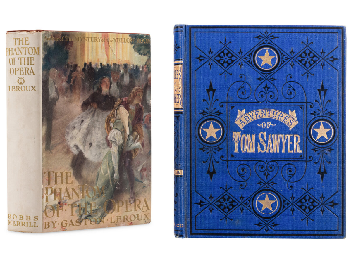 LEFT | LEROUX, Gaston. The Phantom of the Opera. FIRST AM. ED, FIRST ISSUE IN THE VERY RARE DUST JACKET. 1911
Sold for $20,320
RIGHT | CLEMENS. ("Mark Twain"). The Adventures of Tom Sawyer. Hart., 1876. 1st AM ED, 1st PRINT, GILT EDGES.
Sold for $41,275