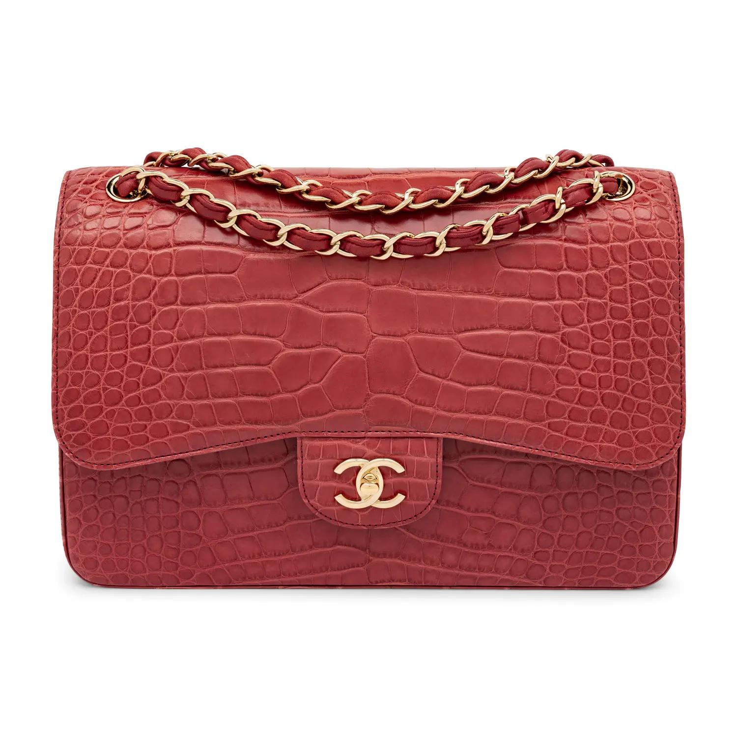 Lot 179 Chanel, Jumbo Classic Double Flap Bag in Burgundy Alligator