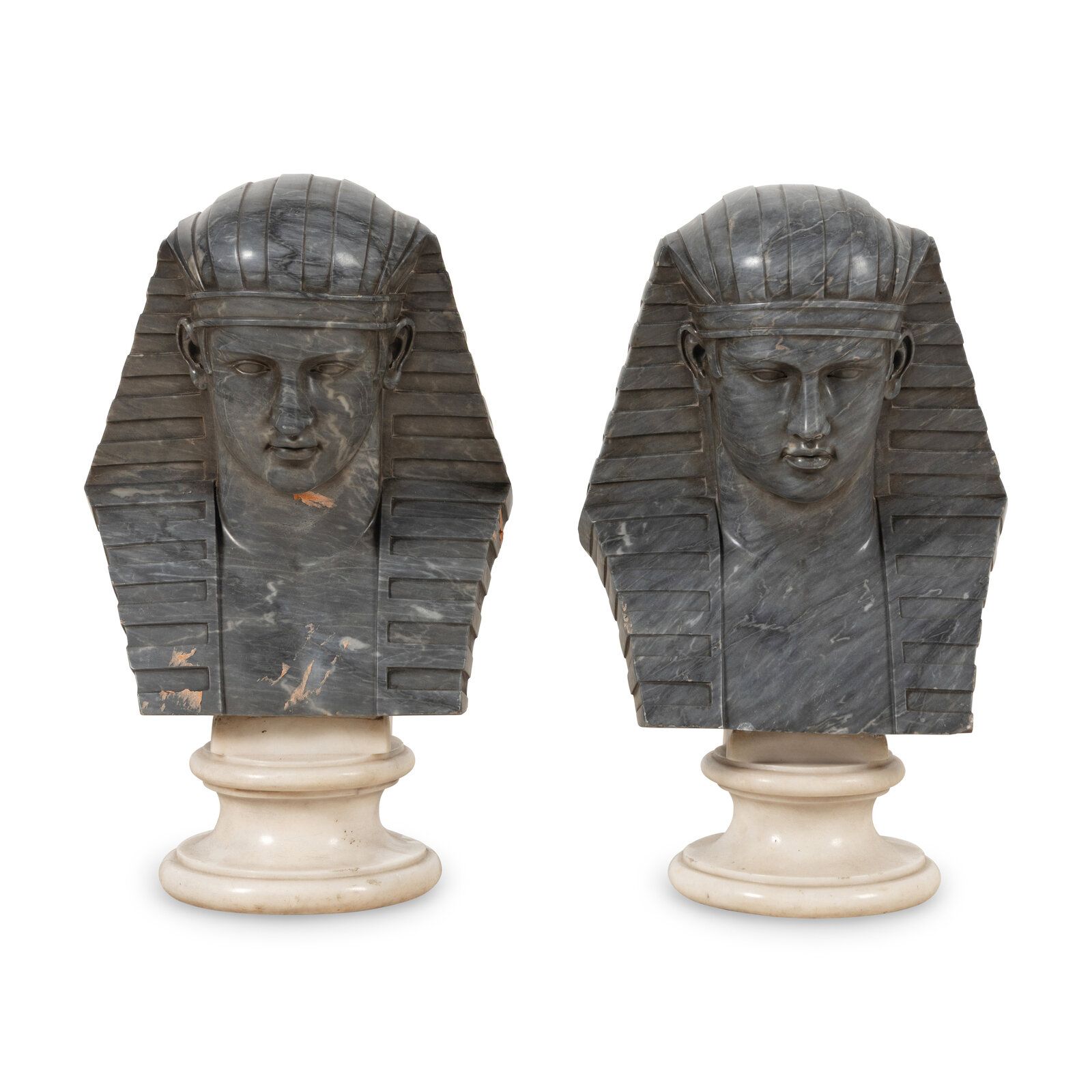 Lot 438 | A Pair of Egyptian Revival Grey Variegated Marble Busts of Antinous | Estimate $10,000 – $20,000