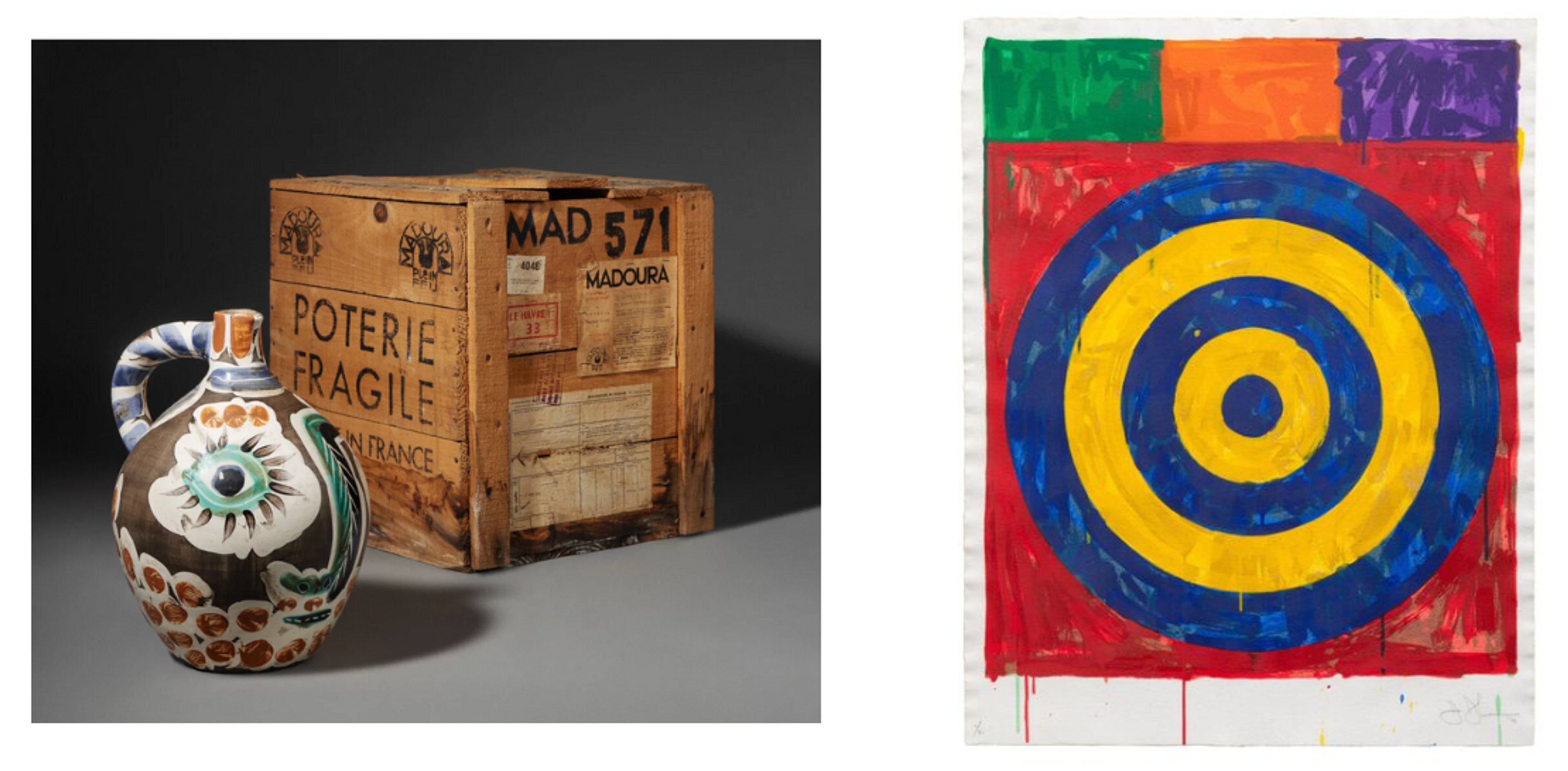 Pablo Picasso Visage au nez noir (A.R. 609), including original wooden crate from Madoura, 1969 | Sold for $82,550
Jasper Johns Target, 1974 | Sold for $174,300