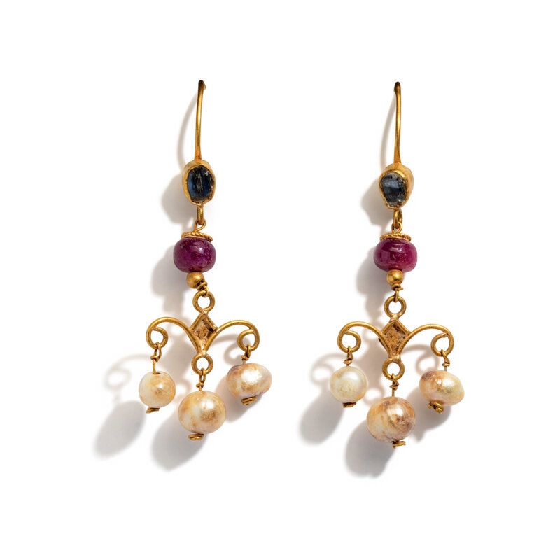 Lot 212 | A Pair of Byzantine Gold, Pearl, and Glass Earrings | Estimate: $3,000 - 5,000