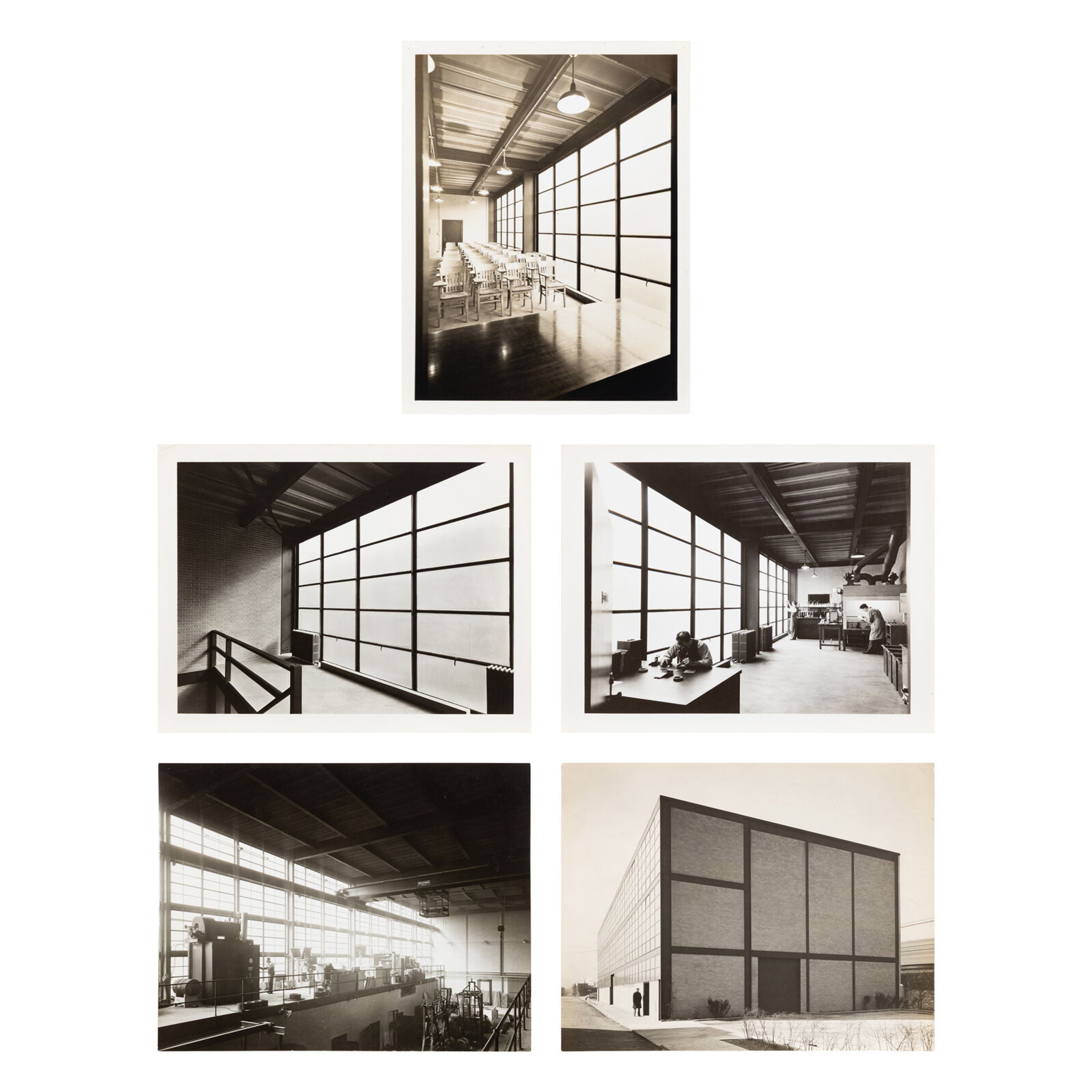 Hedrich-Blessing Studio A group of five photographs of Ludwig Mies van der Rohe's Minerals and Metals Research Building at the Illinois Institute of Technology, the architect's first building in the United States gelatin silver prints each with Hendrich-Blessing Studio stamp, verso; four with 'Mies van der Rohe Architect A.I.A' stamps, verso (one partial); one with Illinois Institute of Technology label, verso largest sheet: 8 x 10-1/4 in