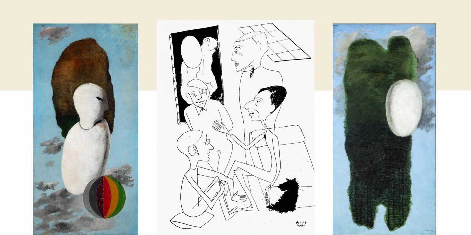 Left: Crow (1927), Fondation des Treilles, Paris. Middle: Adolf Hoffmeister, Meeting of Le Grand Jeu group in Josef Šíma’s studio (1927). Right: ML, L’œuf (1927), Private Collection. Sold at auction in Brno in 2018 for $1,391,315