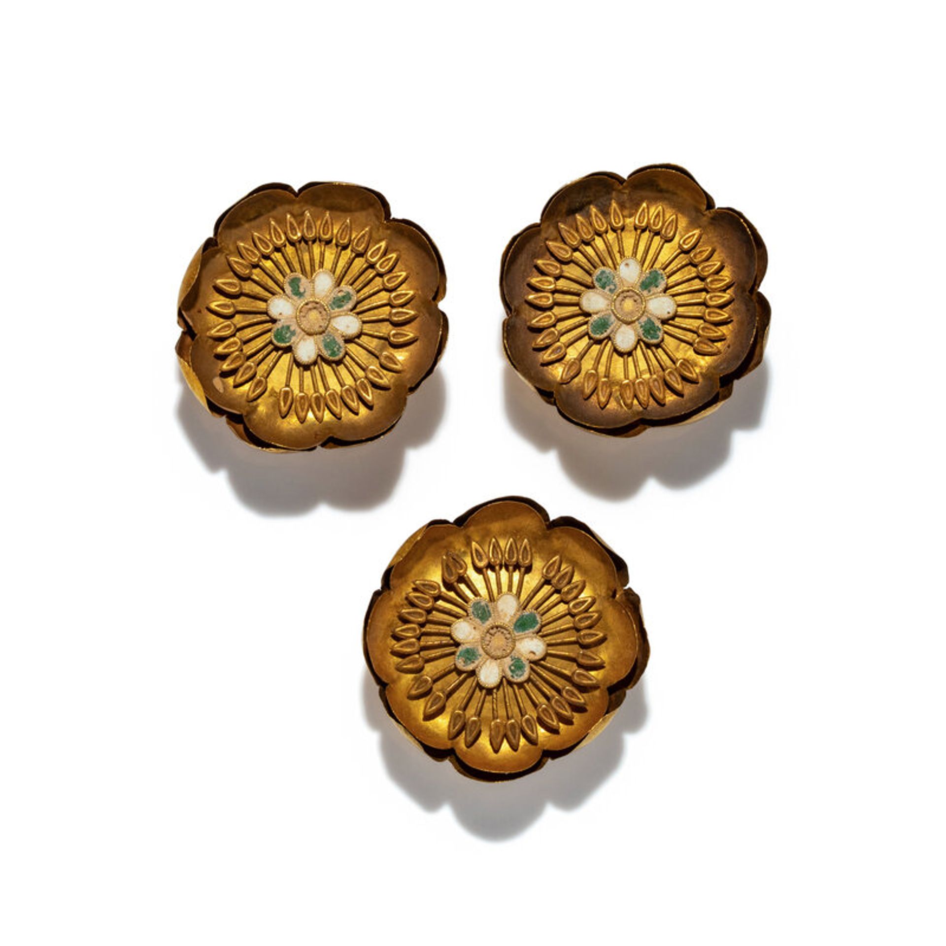 Lot 56 | Three Hellenistic Gold and Enamel Rosettes | Estimate: $1,200 - 1,800