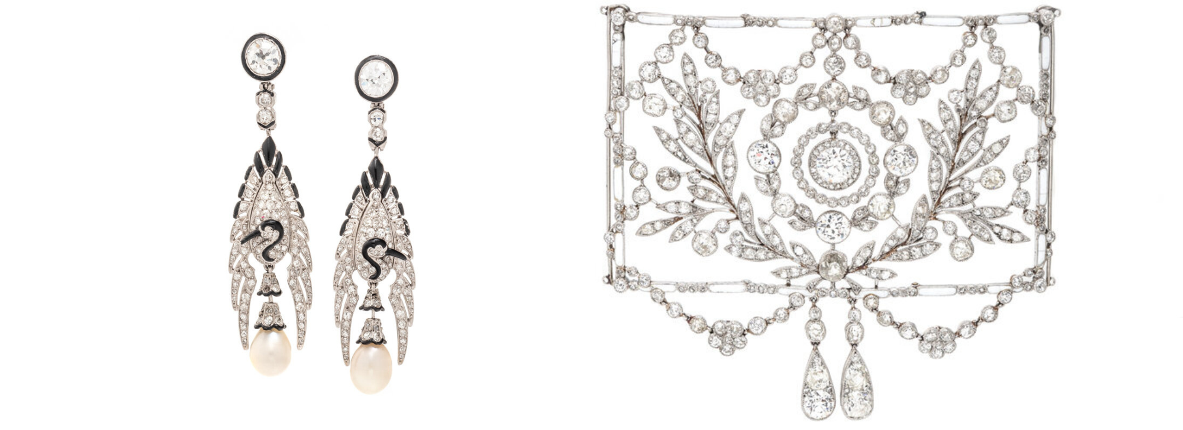From left to right: Lot 60 | CARTIER, ART DECO, PLATINUM, DIAMOND, PEARL, AND ENAMEL EARRINGS | Sold for $76,700
Lot 58 | CARTIER, BELLE ÉPOQUE, DIAMOND, ENAMEL, AND PLATINUM 'PLAQUE DE COU', CIRCA 1905 | Sold for $102,100