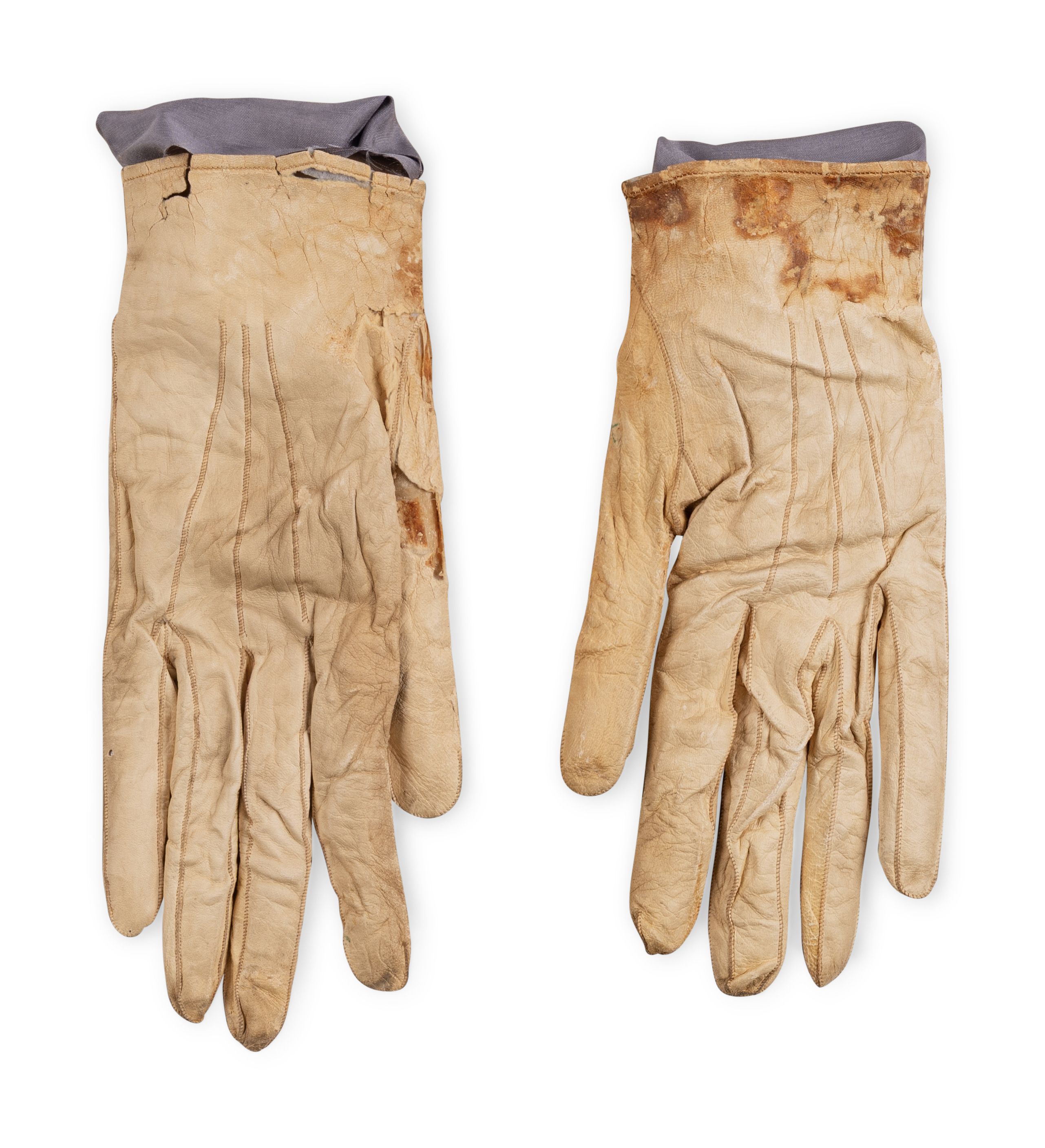 A pair of blood-stained white kid-leather gloves carried by President Abraham Lincoln at Ford's Theatre the night of his assassination, 14 April 1865.