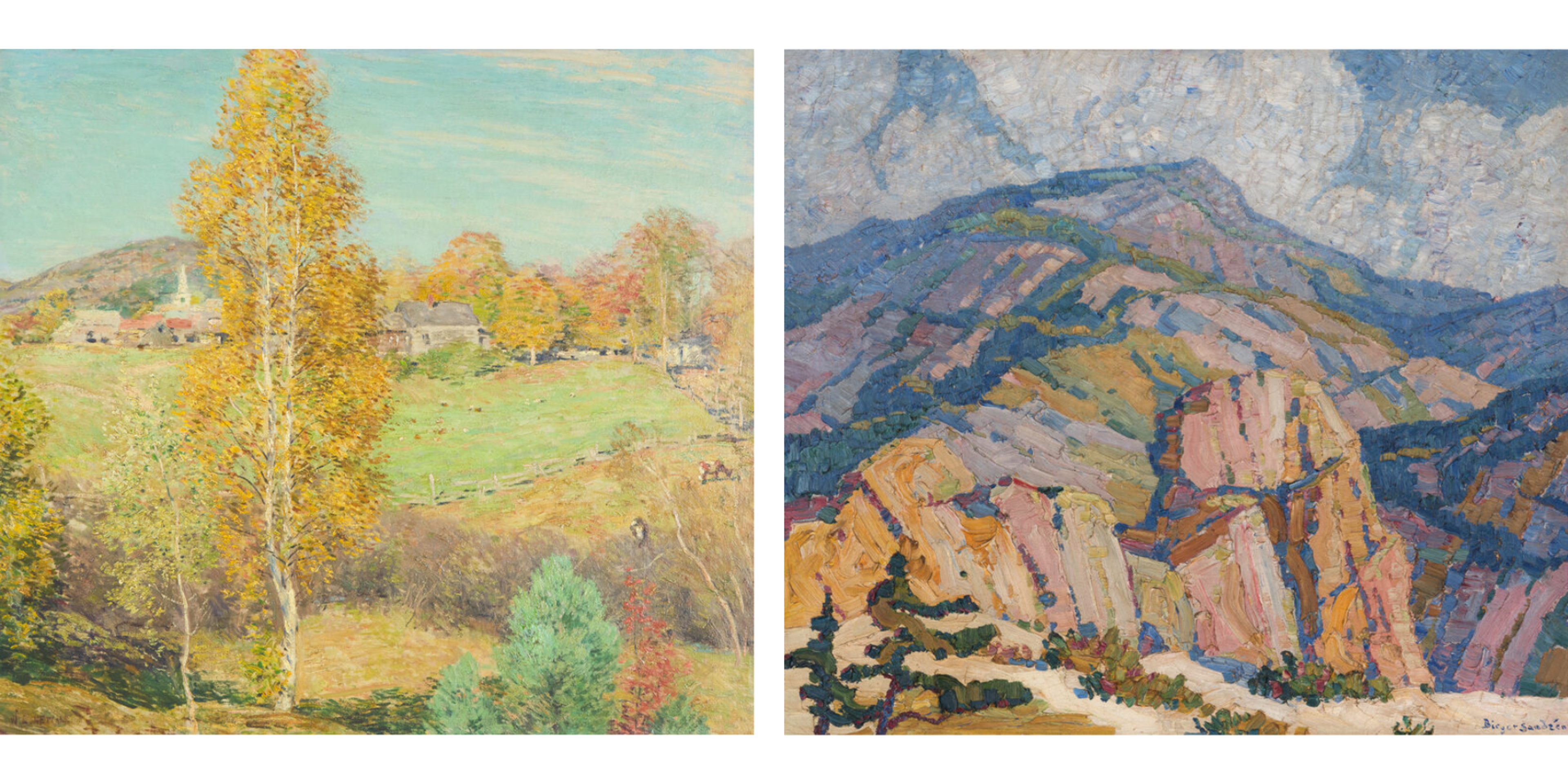 LEFT | Willard Leroy Metcalf, Symphony in Yellow, 1911 | Estimate $100,000 – 150,000 Property from the Buck Family Collection, Philadelphia RIGHT | Birger Sandzén, Above the Timberline, c. 1920 | Estimate $20,000 – 30,000 Property from the Estate of Dr. John Talbot Gernon and Mrs. Rosetta Place Gernon