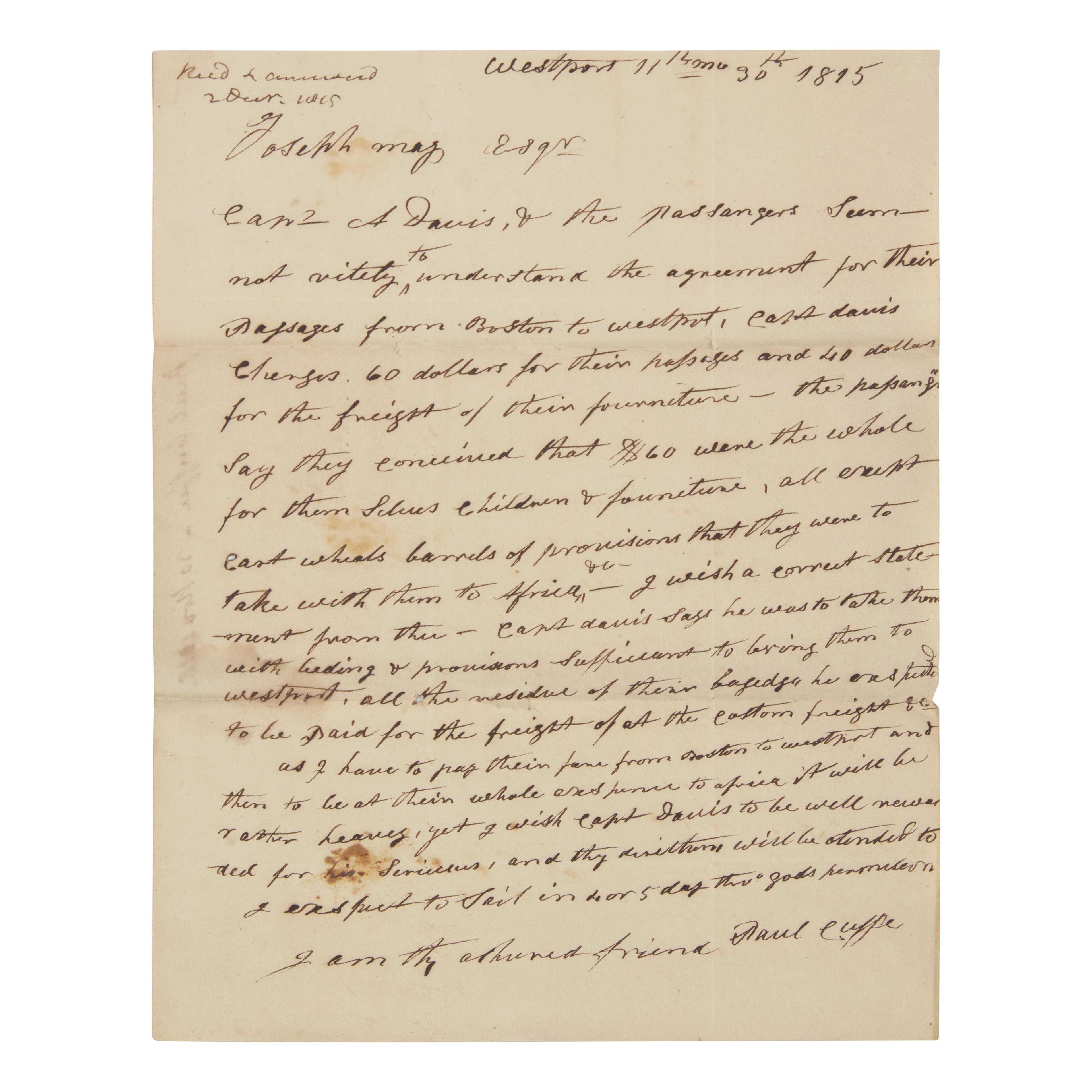 Lot 6 | Cuffe, Paul. Autograph Letter, signed | SOLD FOR $96,000