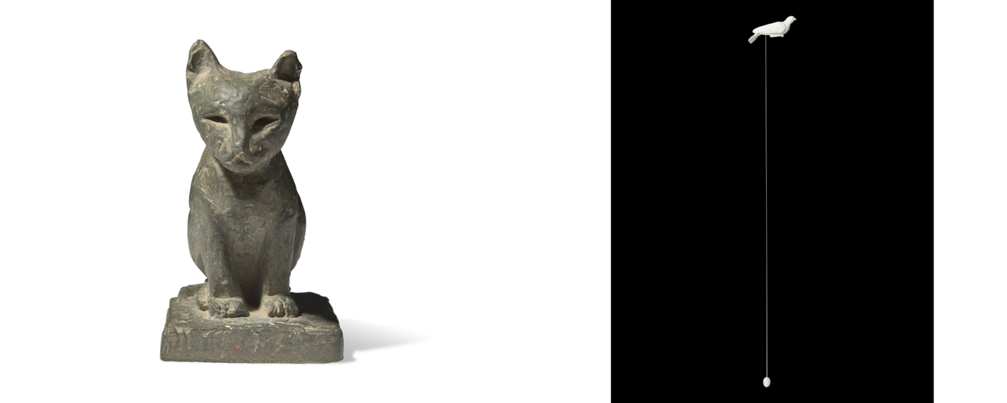 Left: Lot 234 | Betty Parsons (American, 1900-1982) Seated Cat, 1974 | Estimate: $1,500 - 2,500
Right: Lot 277 | Kiki Smith (American, b. 1954) Bird and Egg, 1996 | Estimate: $1,000 - 1,500