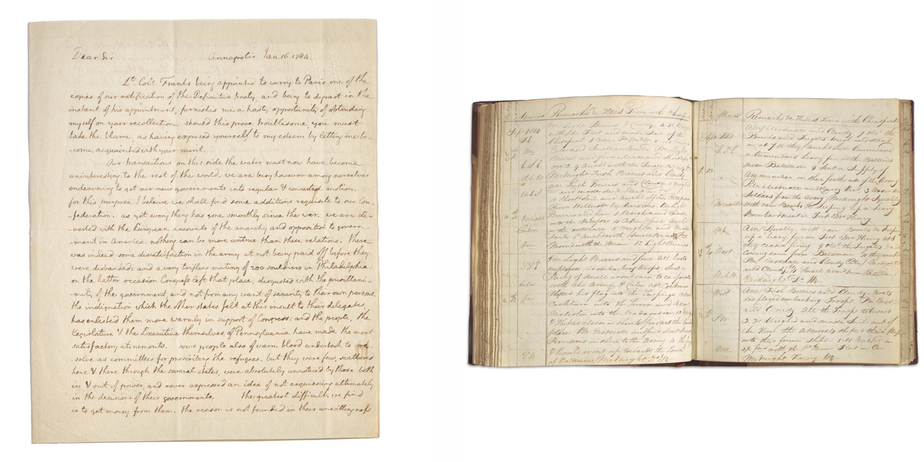 LEFT TO RIGHT Thomas Jefferson’s “Birth of the Nation Letter”, January 16, 1784 “Star-Spangled” Logbook kept by British Midshipman Charles R. Malden, aboard the HMS Trave, May 1814 to May 1816