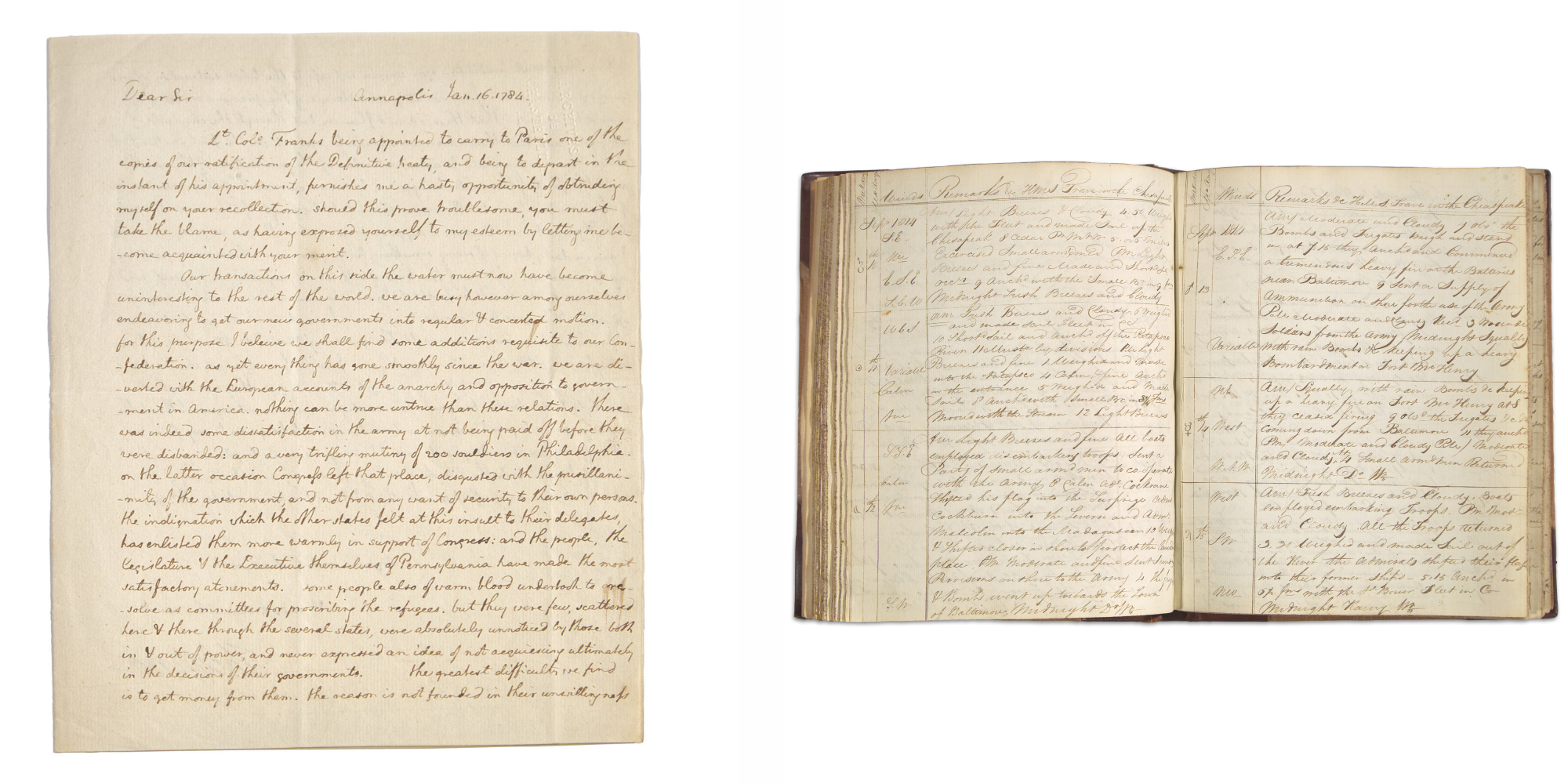 LEFT TO RIGHT Thomas Jefferson’s “Birth of the Nation Letter”, January 16, 1784 “Star-Spangled” Logbook kept by British Midshipman Charles R. Malden, aboard the HMS Trave, May 1814 to May 1816